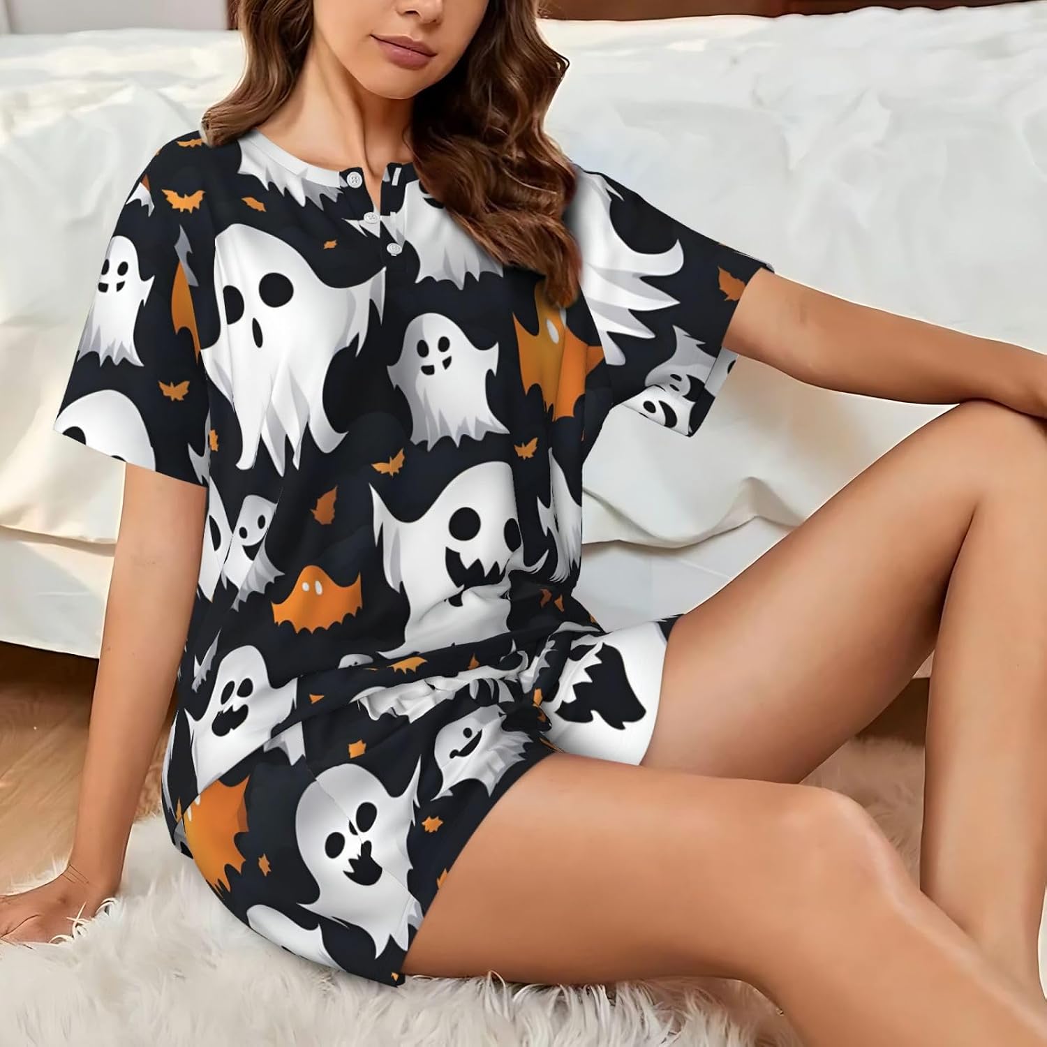 Women'S Cute White Ghost Halloween Pattern Print Pajamas Set,Womens Pj Sets,Loungewear Sets With Cooling Fabric
