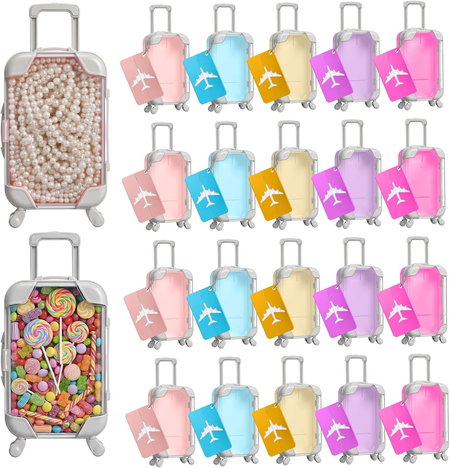 Teecyhooo 12 Pcs Mini Suitcase Party Favor Boxes and 12 Pcs Metal Luggage Tags with Card, Clear Mini Luggage Gift Boxes for Girls Wedding Travel Birthdays (6.69 x 3.74 x 1.97 Inch,Colorful)