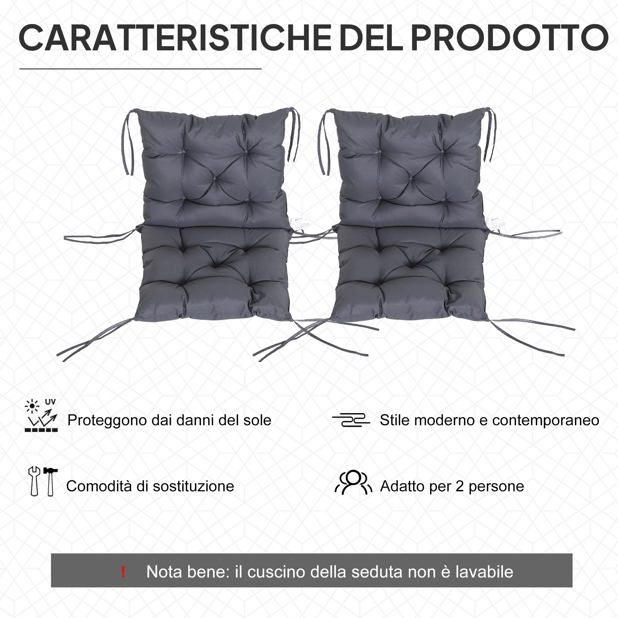 Outsunny Set 2 Cuscini per Sedie da Esterno con Lacci di Fissaggio, Cuscini da Esterno Imbottito in Poliestere e Cotone, per Sdraio Prendisole Poltrona, 50x98x8 cm, Grigio Scuro