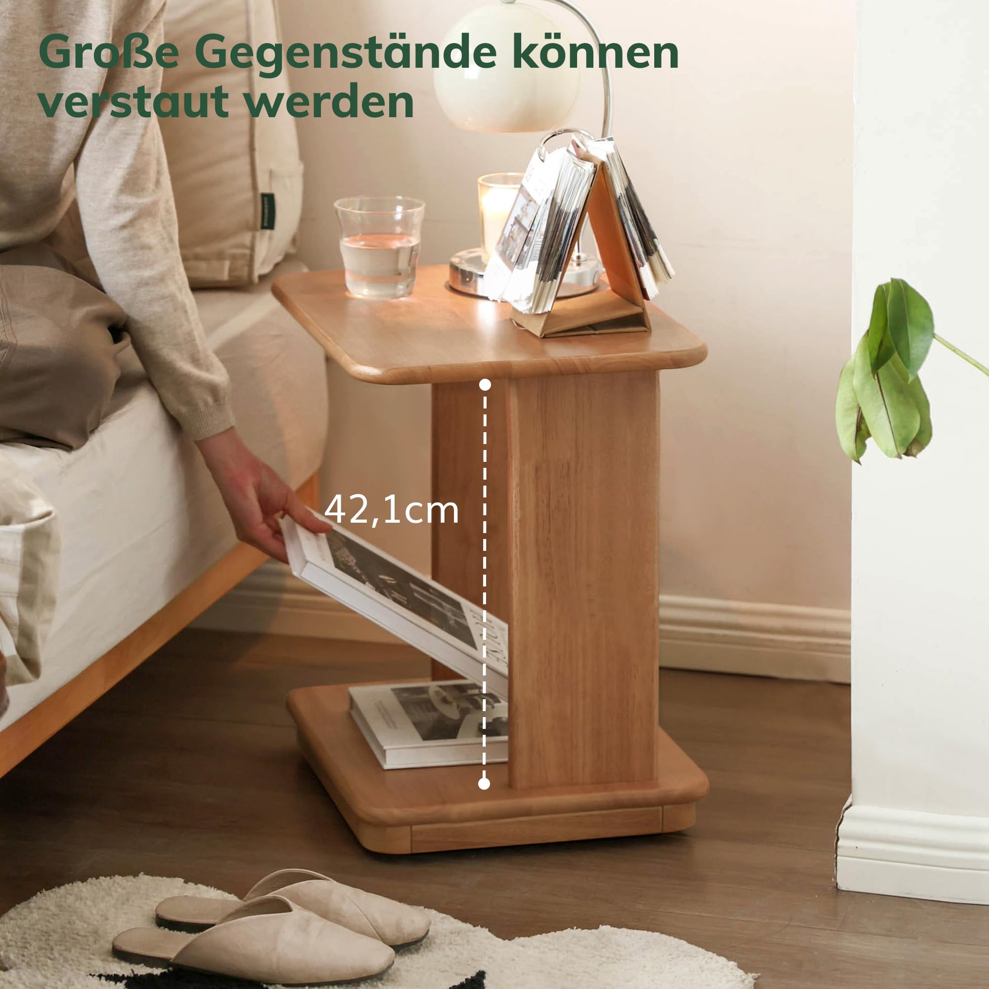YESWOOD Beistelltisch Gummibaumholz mit Rollen 45x35x50 cm