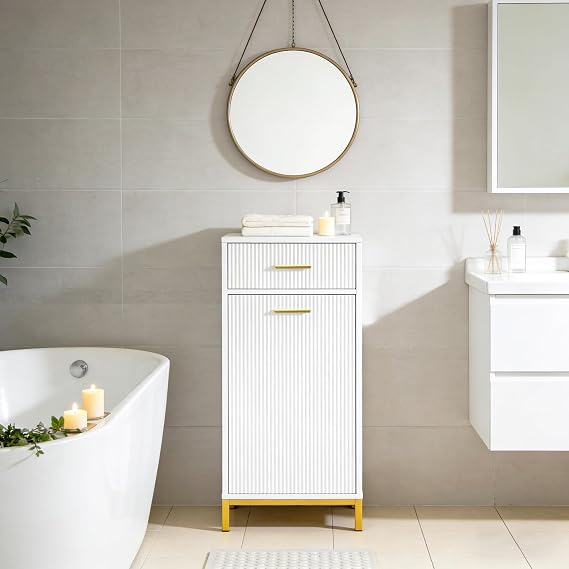 Modern Tilt-Out Laundry Hamper Cabinet, Free Standing Laundry Chest Organiser Unit & Removable Liner with Drawer, Dirty Clothes Basket for Bathroom, Bedroom, Laundry Room White