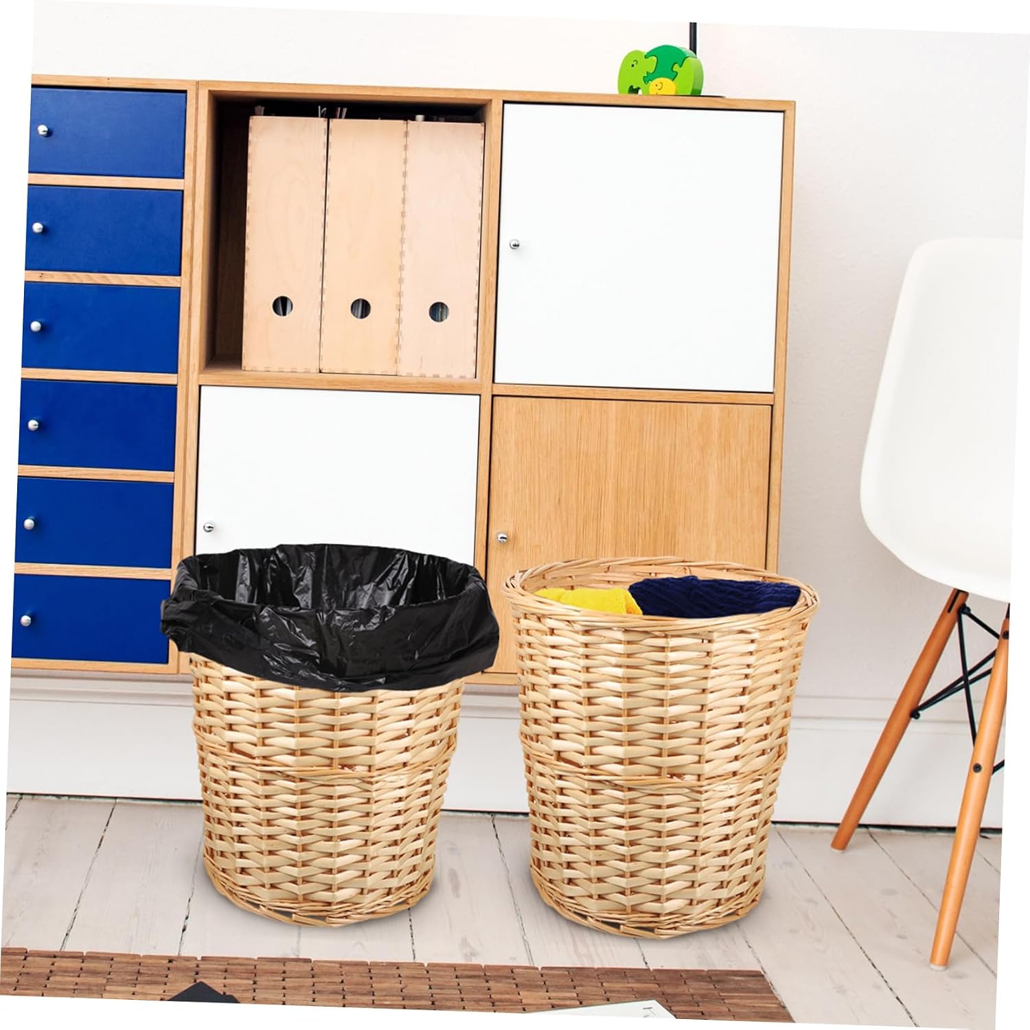 Mobestech Wicker Woven Trash Can 12L Decorative Storage Basket Natural Rattan Waste Bin for Home Organization Suitable for Living Room and Office