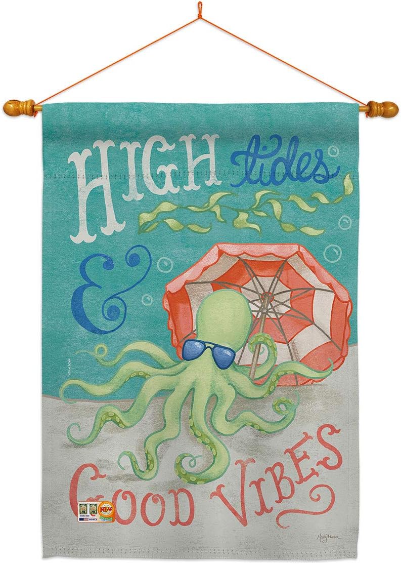 Octopus Good Vibes House Flag Dowel Set Animals Sea Creature Nautical Ocean Fish Outdoor Summer Marine Small Decorative Gift Yard Banner Made In USA 28 X 40