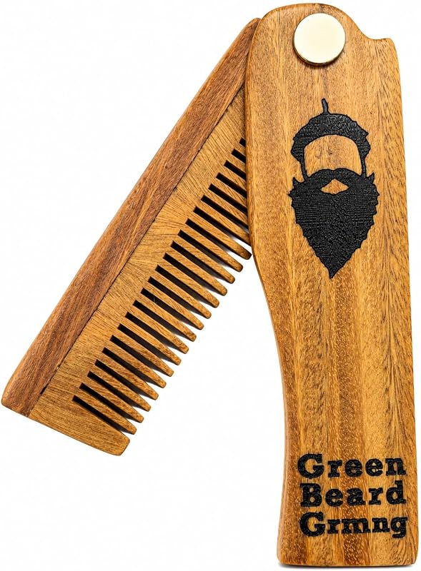 Pente dobrável de madeira de sândalo Green Beard Grmng, dentes médios e formato de bolso