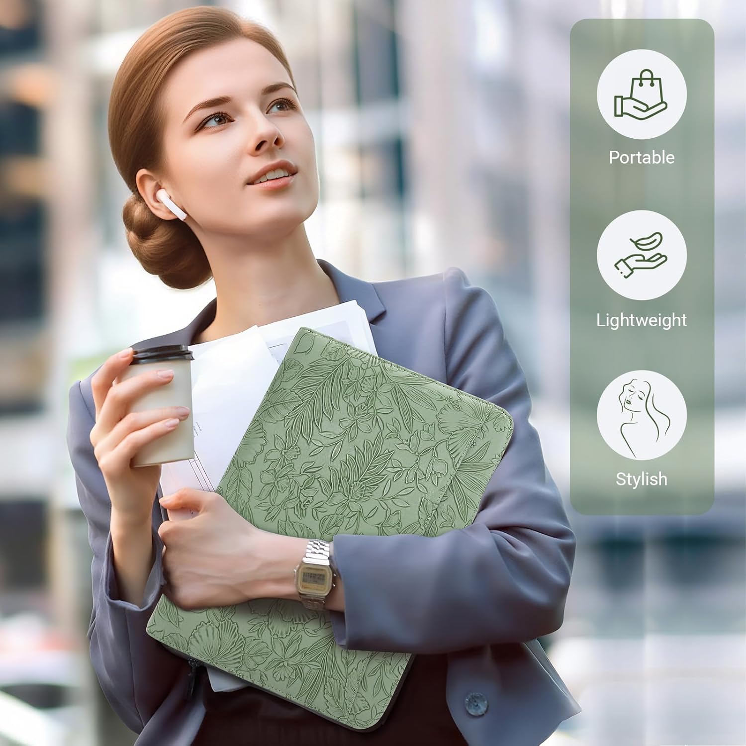 Embossed Faux Leather Zippered Padfolio with 3 Ring Binder, Executive Portfolio Organizer Binder for Women, Fits 13.9" Laptop/Tablet, Refillable Writing Pad Pocket, Green