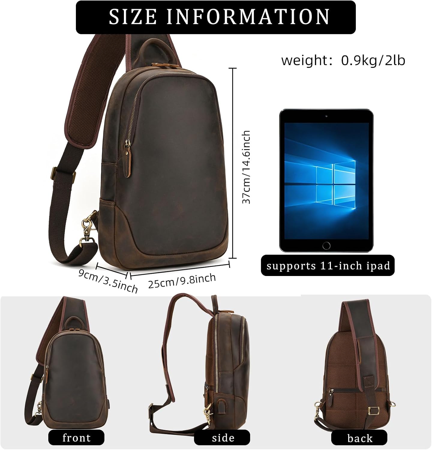 Men’s Vintage Full Grain Leather Sling Bag Crossbody Chest Daypack for Travel/Hiking