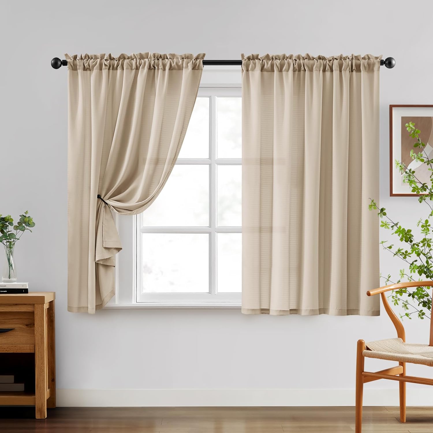 HOMEIDEAS Non See Through Privacy Sheer Curtains, Lightweight Semi Light Filtering Faux Linen Look Drapes for Bedroom, Living Room, Beige Natural, 52 x 45 Inches Long, 2 Panels Set, Boho, Farmhouse
