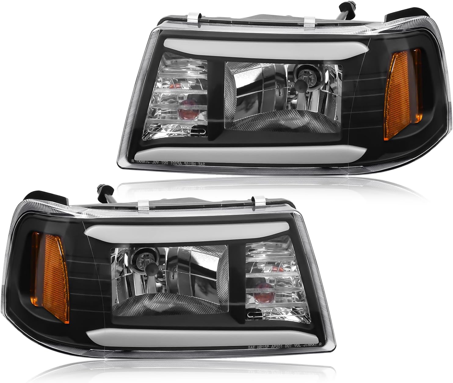 Upgraded Headlight Assembly with Corner Light Compatible with Ford Ranger 2001-2011 Headlamp, Pair of Integral Replacements with LED DRL Tube Light Bar, Black Housing Amber Corner, Left+Right