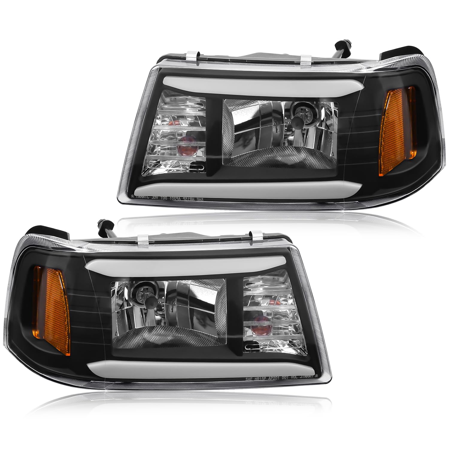 Photo 1 of Upgraded Headlight Assembly with Corner Light Compatible with Ford Ranger 2001-2011 Headlamp, Pair of Integral Replacements with LED DRL Tube Light Bar, Black Housing Amber Corner, Left+Right