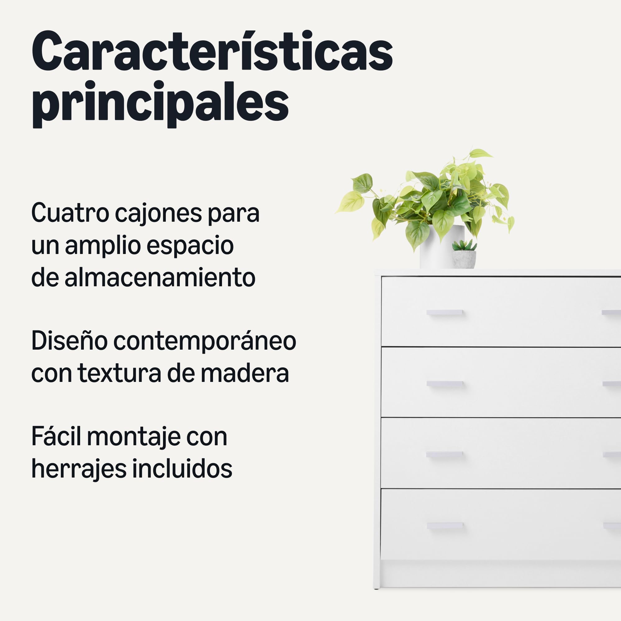 Amazon Basics Cajonera, Armario de Dormitorio con 4 Cajones, Armario, Tocador de Almacenamiento, Blanco, 40 x 75 x 74cm