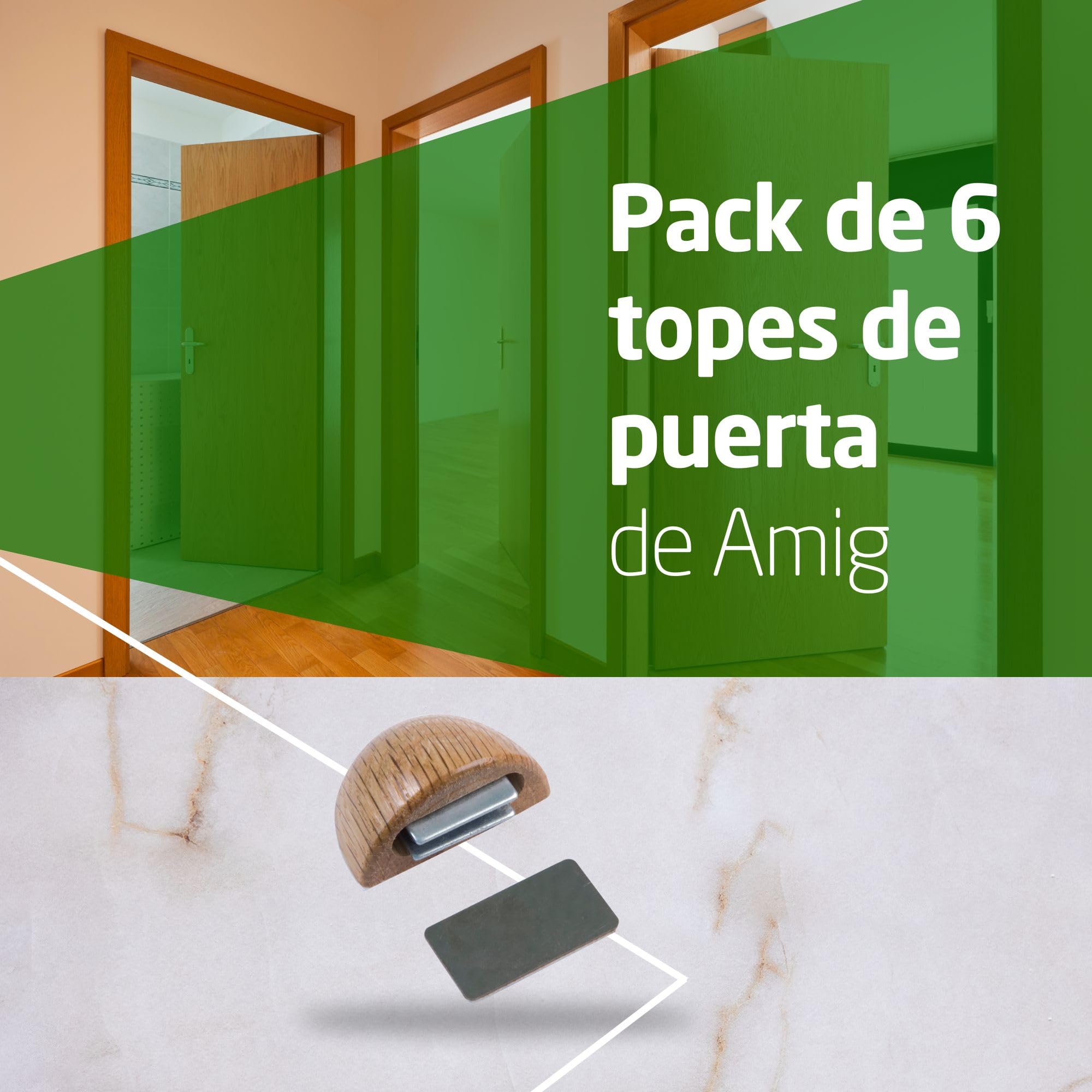 Amig - Pack de 6 Topes Magnéticos - Fijación en el Suelo mediante Adhesivo - Para Puertas de Paso - 48 x 25 mm - Plástico - Color Roble - Fácil Instalación