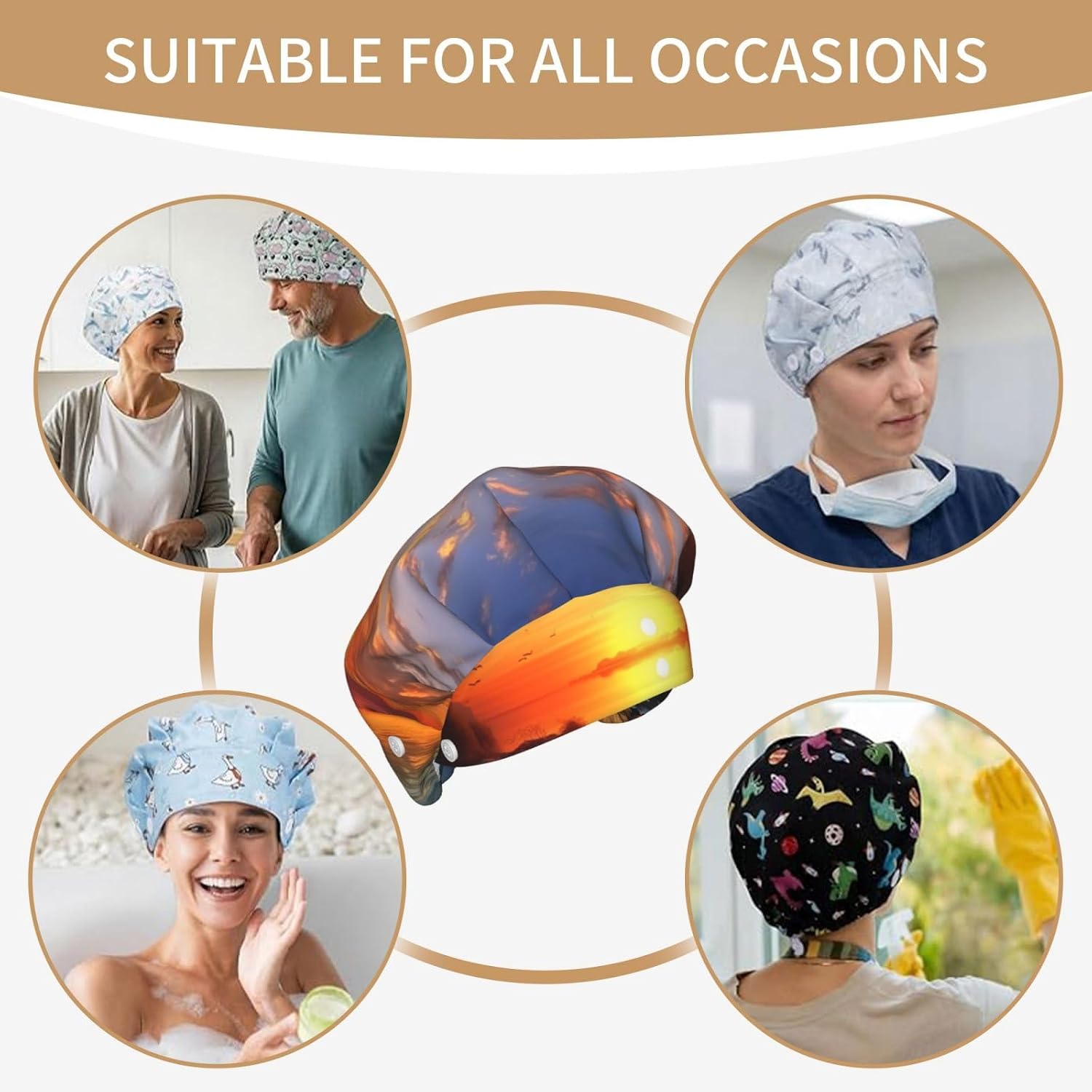 Sunset Scenery Bouffant Cap with Buttons, Sweatband Cap Black