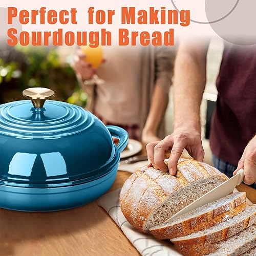 Miniatura 7 de Horno de pan redondo de hierro fundido esmaltado, horno holandés de hierro fundido de 6 cuartos de galón para hornear pan casero de masa madre, olla