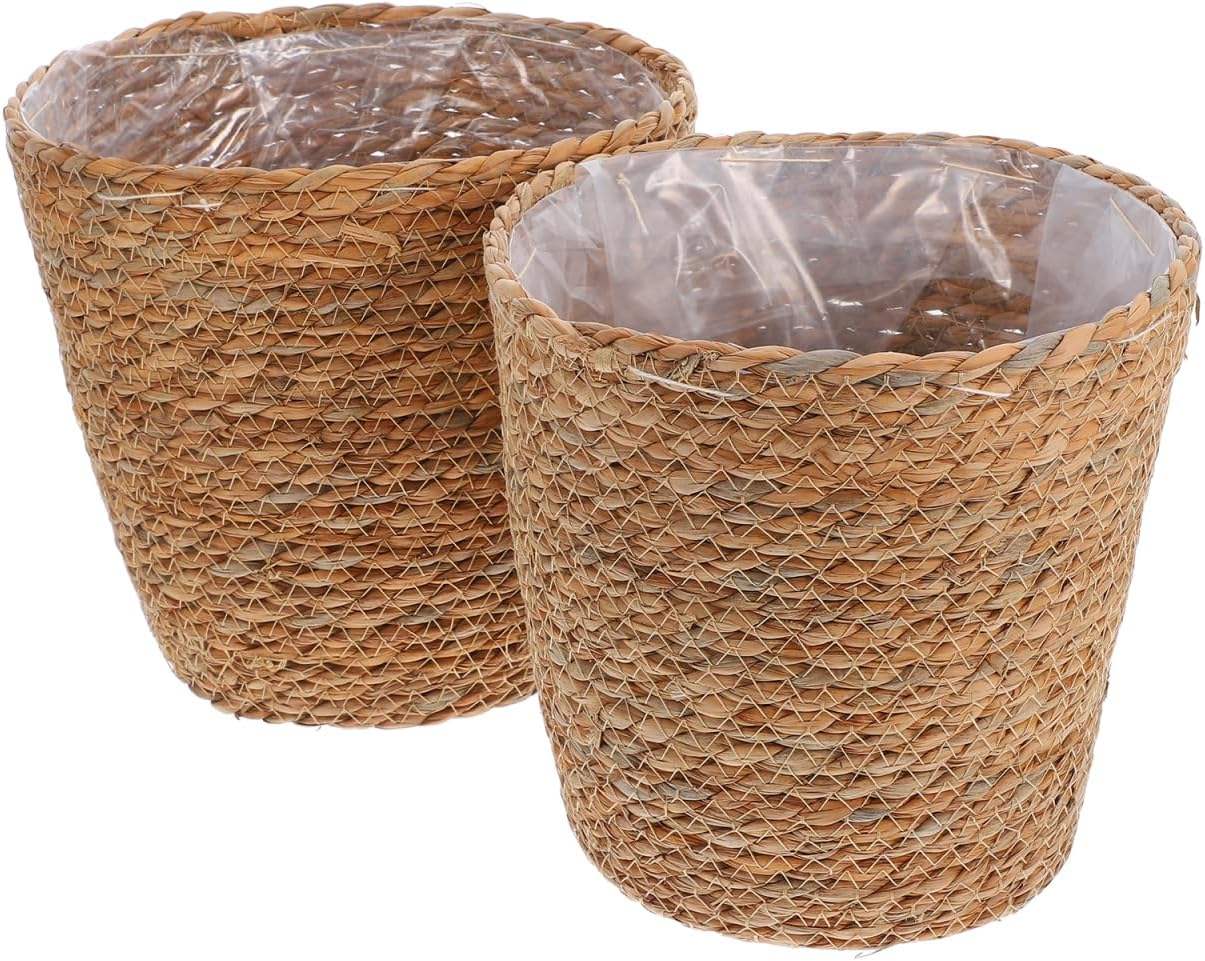 SUPVOX 2pcs Woven Plant Basket with Plastic Liner, Rattan Flower Pot Cover for Indoor Plants - Boho Farmhouse Home Decor
