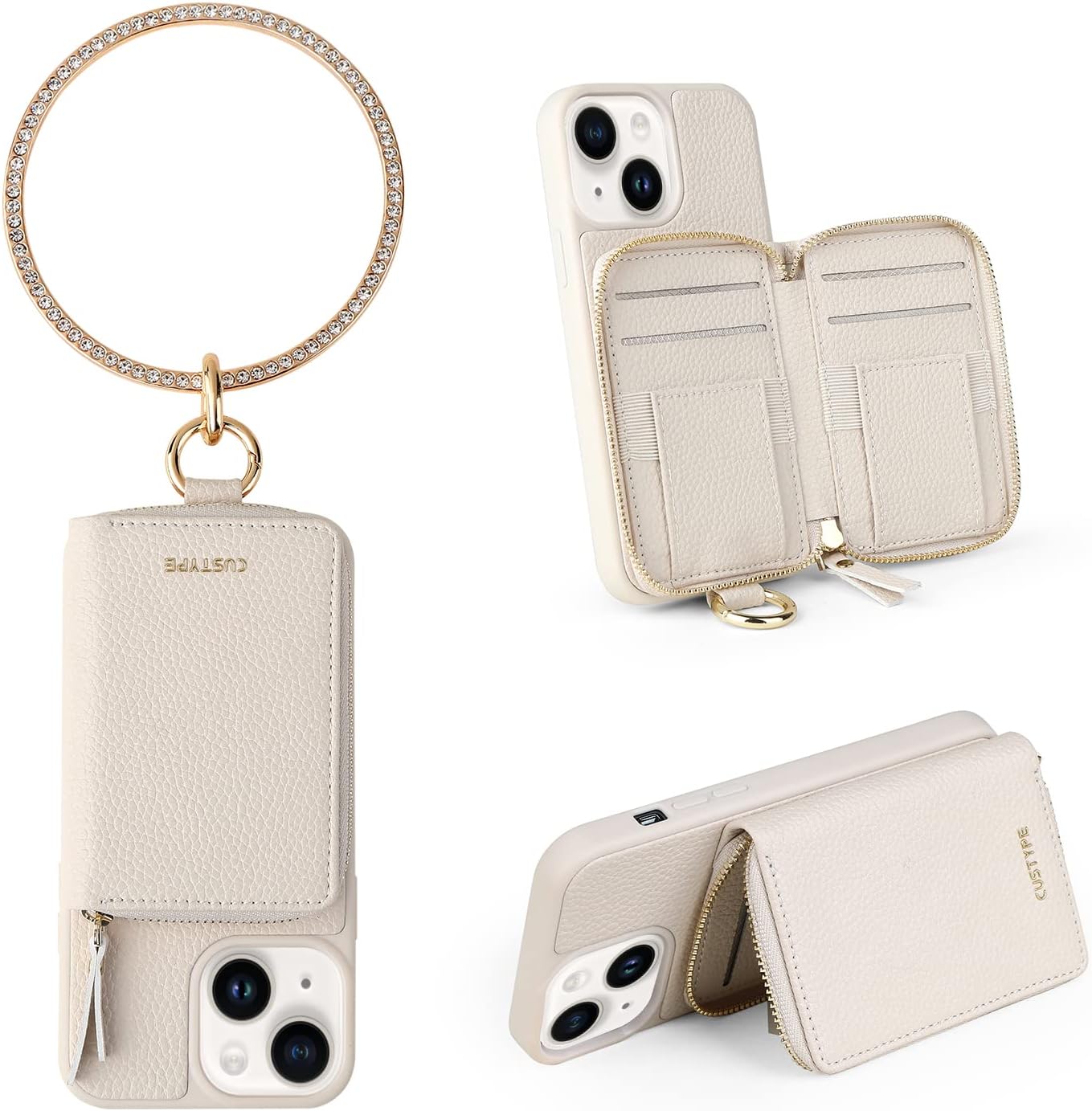 custype iphone 14 wallet case for women with card holder, wrist strap bracelet, rfid blocking, camera protection (6.1 inch-bangle) iphone 14 -6.1" bangle-white