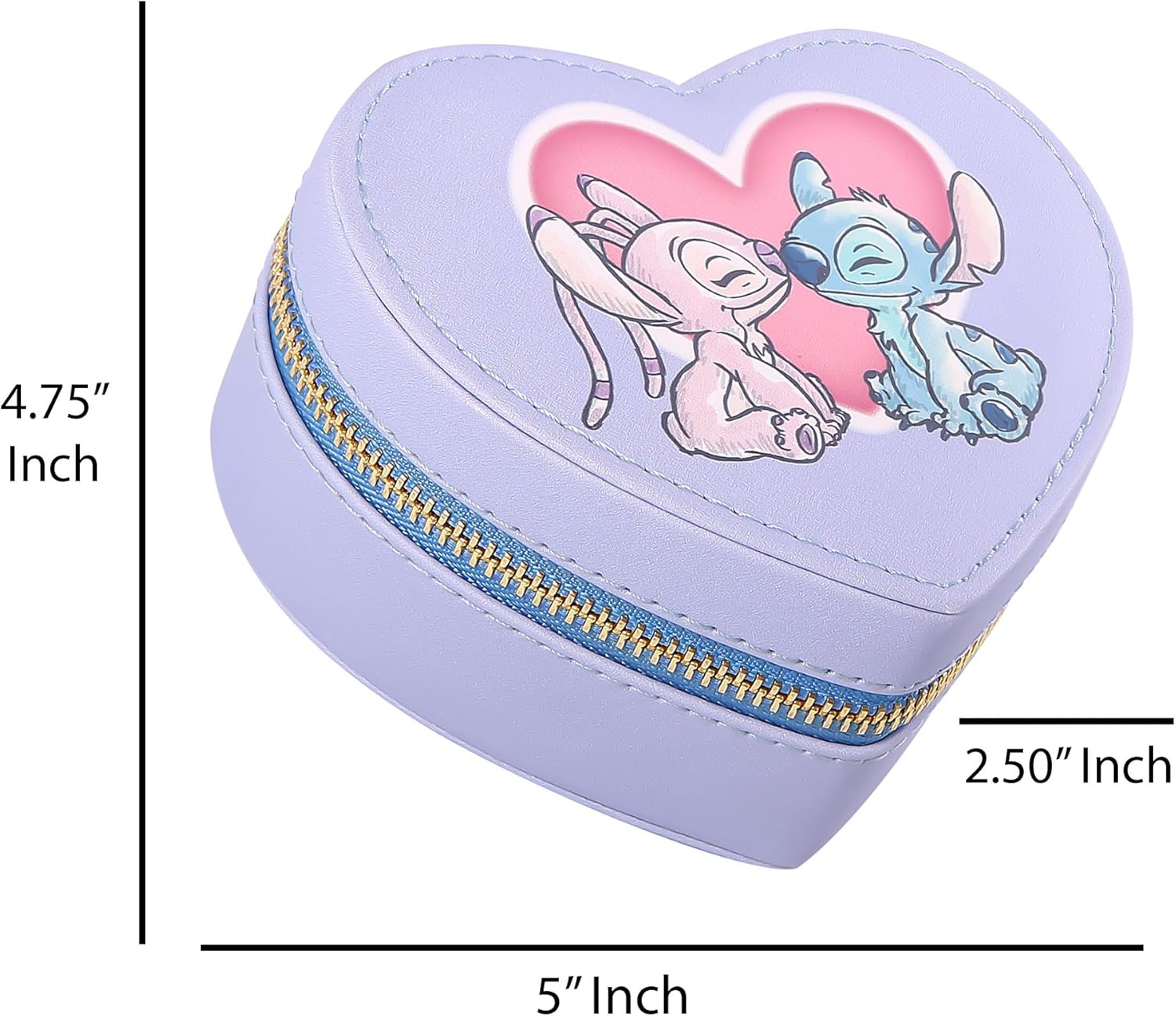 SALLY ROSE Stitch and Angel Travel Jewelry Case Official License, Heart-Shaped Mini Jewelry Box with Zipper, Valentines Gifts for Her - Image 6
