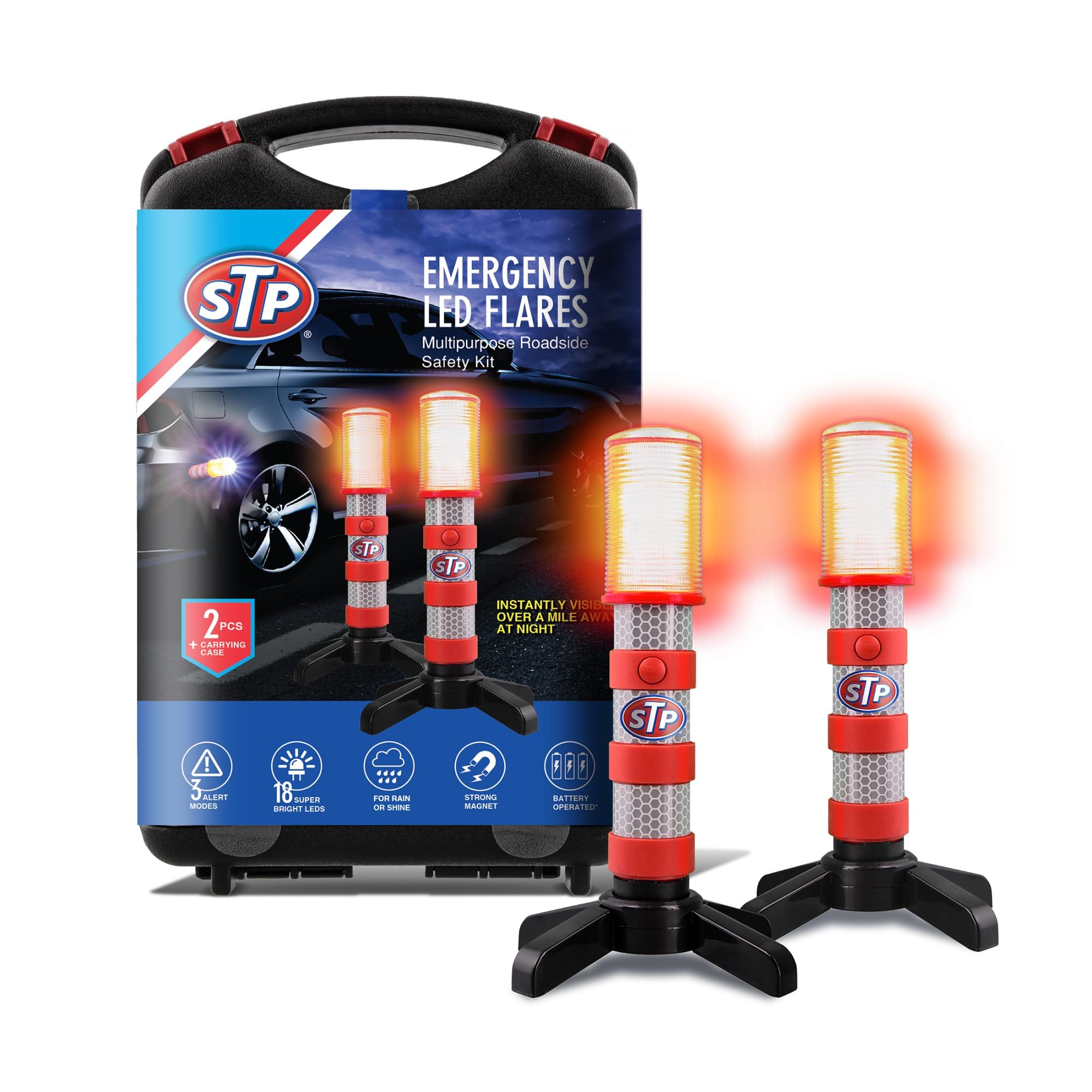 XTREME STP Emergency LED Road Flares, 3 Separate Lighting Modes: Flashing Red, Solid Red and White Flashlight, Visible From Up To A Mile, Foldable Stands/Built-In Magnet Sticks To Car