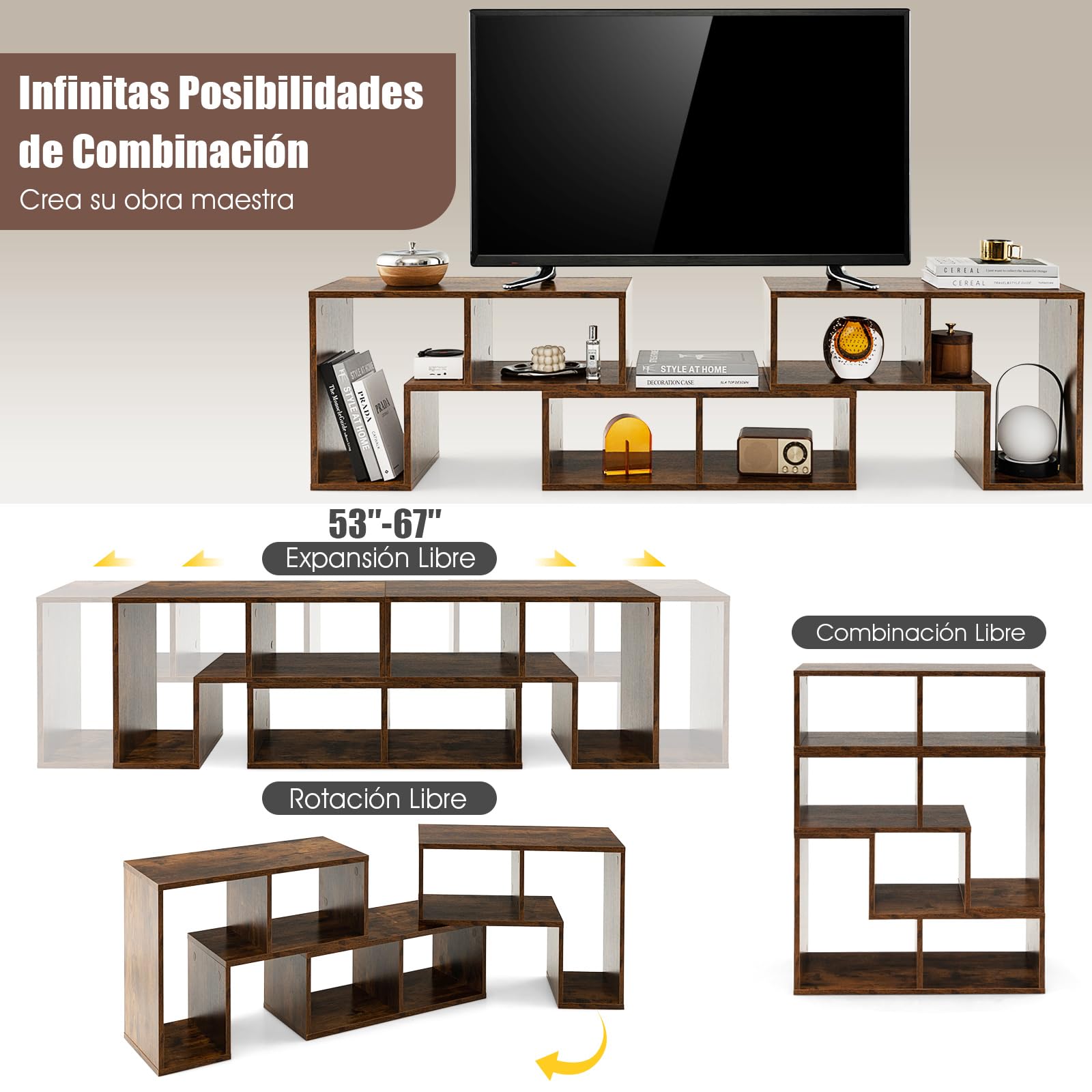 COSTWAY Consola de TV de 3 Piezas,Moderno Centro de Entretenimiento para Televisores 50-65 Pulgadas, Combinación de Librería para Almacenamiento y Exposición, Salón, Dormitorio y Estudio (marrón)