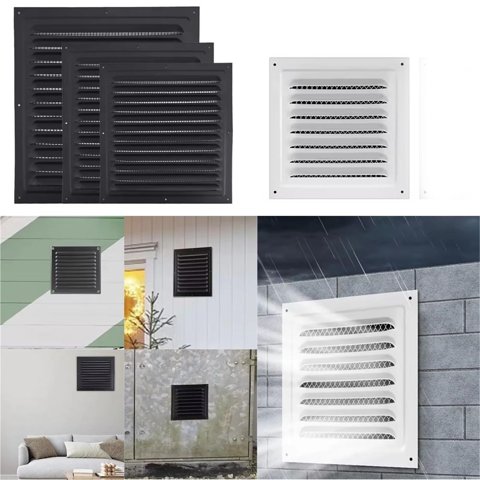 Ventilator Grille Aluminum Alloy Air Vent System Net Cover Screen Exhaust Outlet Window Square for air Vent(400x400mm Black)
