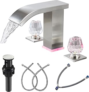 Grifo de baño de 3 agujeros generalizado con pantalla LED de temperatura y boquilla de cascada, grifo de tocador moderno de níquel cepillado para fregadero de baño, 8 pulgadas, cristal de 2 asas