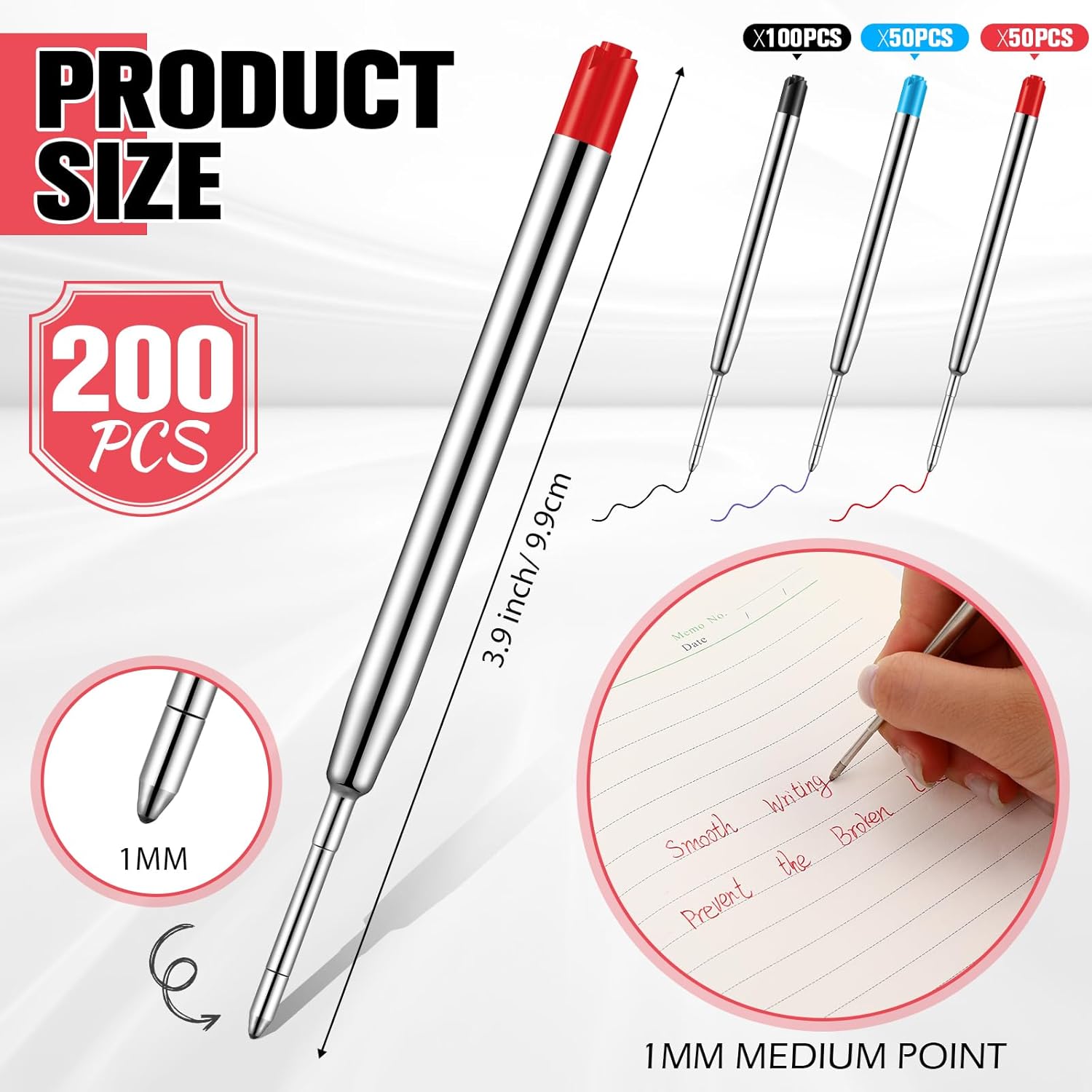 AmazingSpark 200 Pcs 3.9 Inch Ballpoint Pen Refills Bulk Black Blue Red Ink Pen Refills for Click Retractable Pens 1mm Medium Point Replaceable Ballpoint Refill with Smooth Writing for School Office