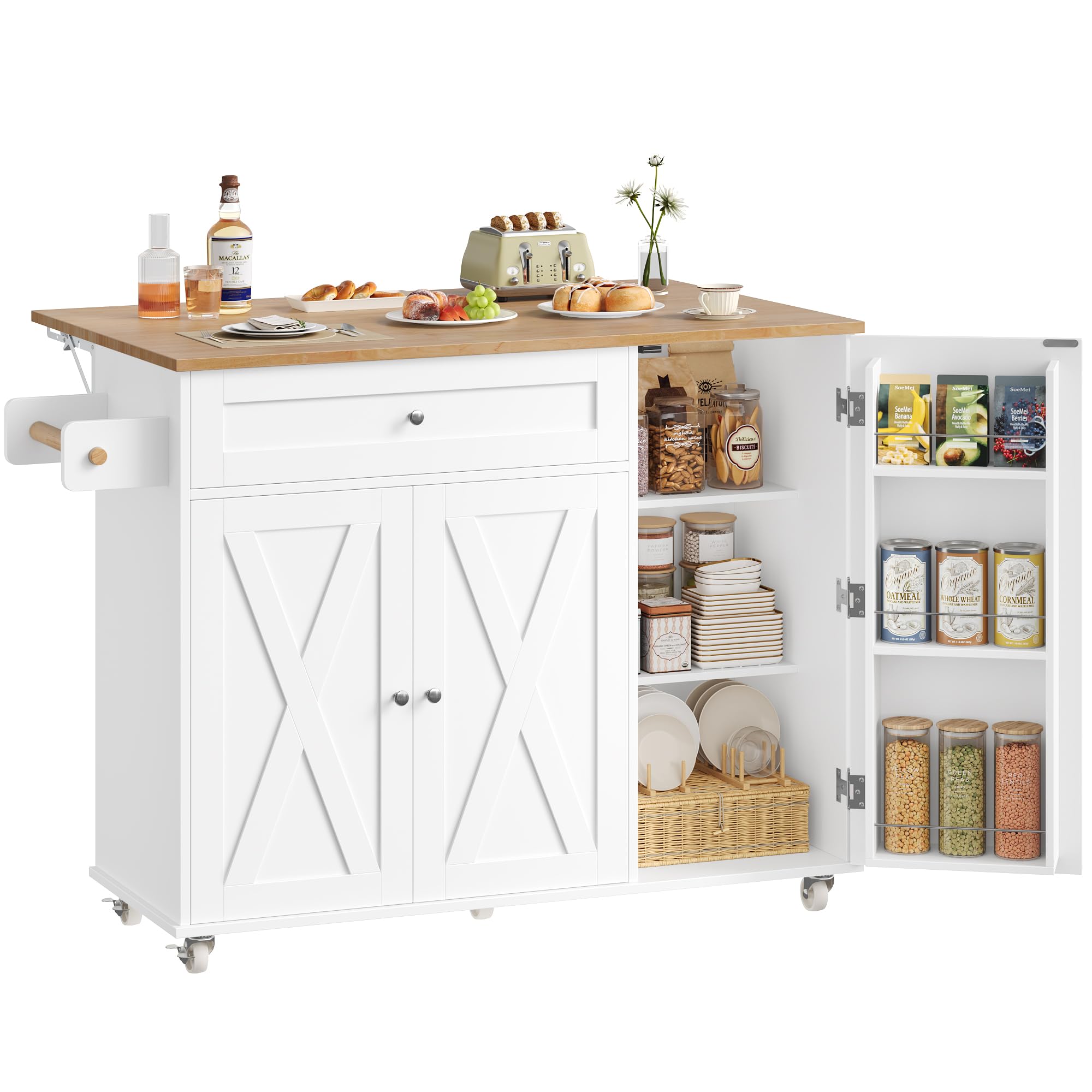 HOCSOK Isla de cocina, carro de cocina con 5 ruedas, armario de cocina con superficie de trabajo abatible y cajones, isla de cocina independiente, carro de bar para cocina y comedor, Blanco