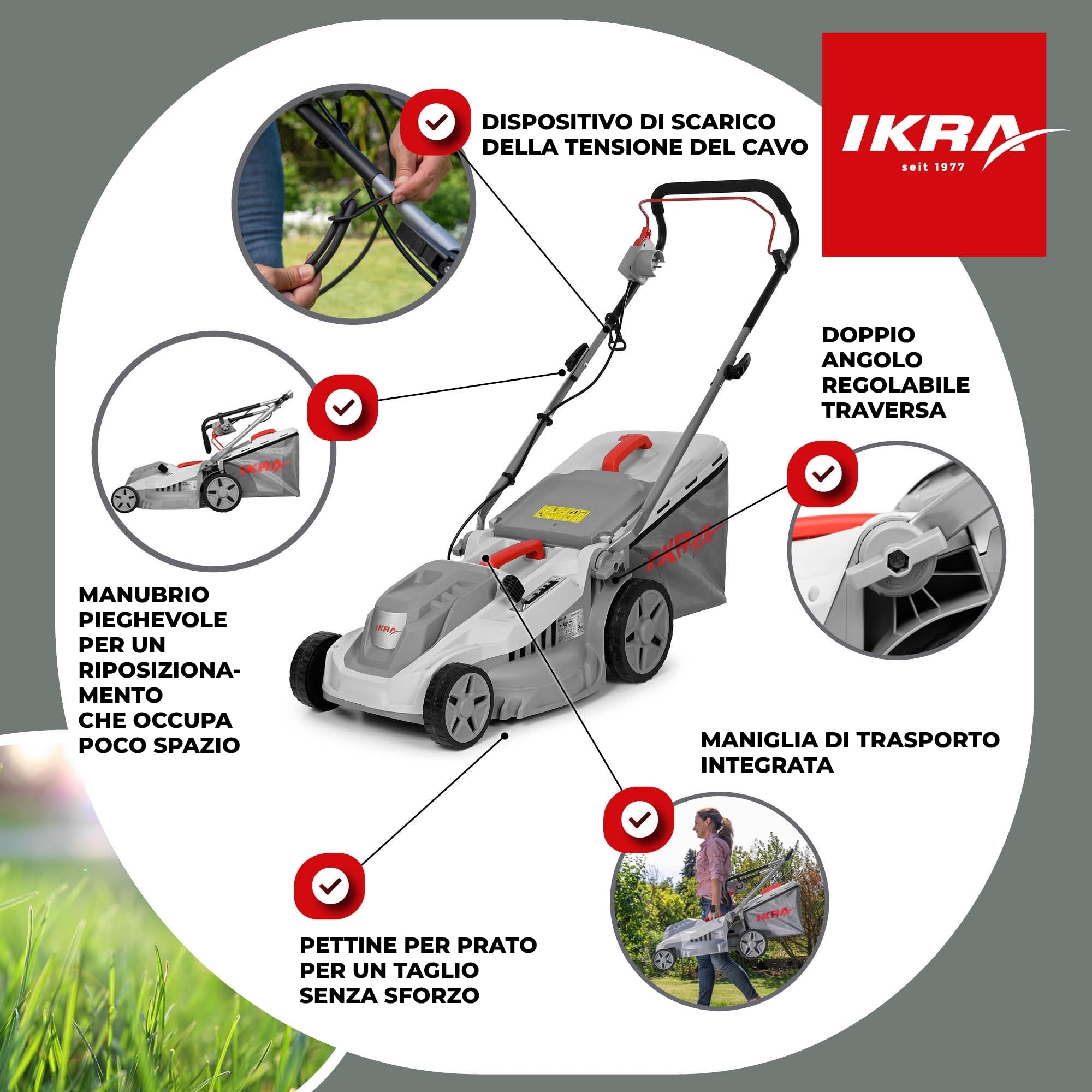 IKRA tosaerba elettrico IERM 1638-1, 1600 W, larghezza di taglio 38 cm | Altezza di taglio su 5 posizioni (30-75mm), manico regolabile in altezza, sacco 42l, kit mulching, lama in metallo temprato