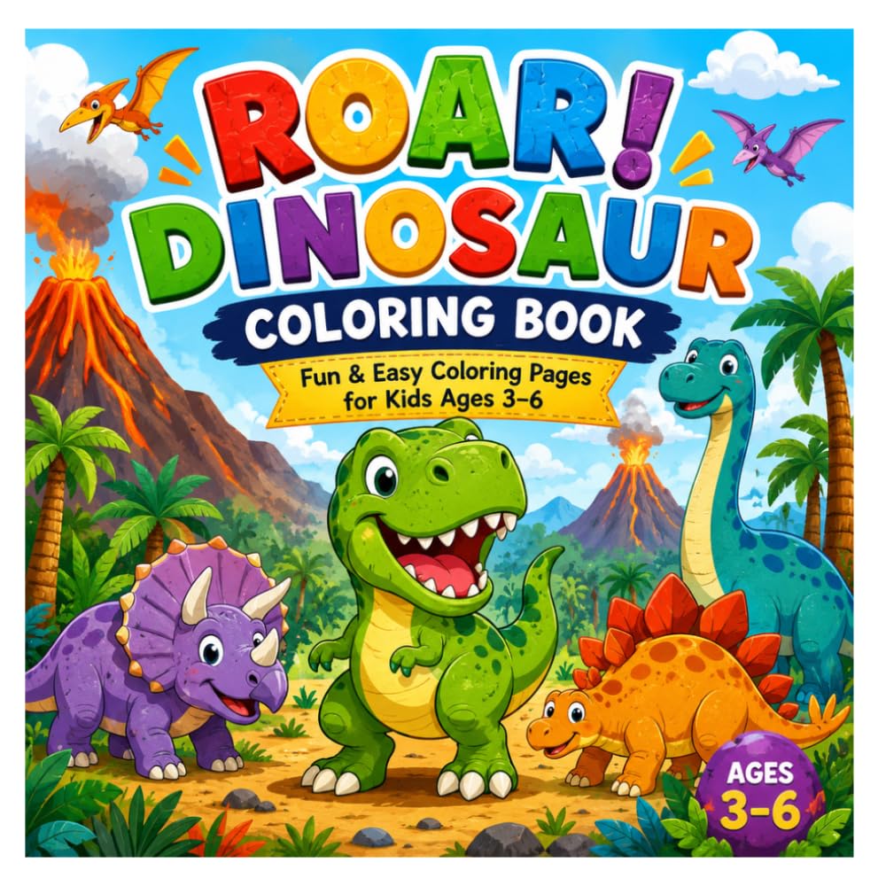 ROAR! DINOSAUR COLORING BOOK: Cute & Easy Coloring Pages for Kids Ages 3–6