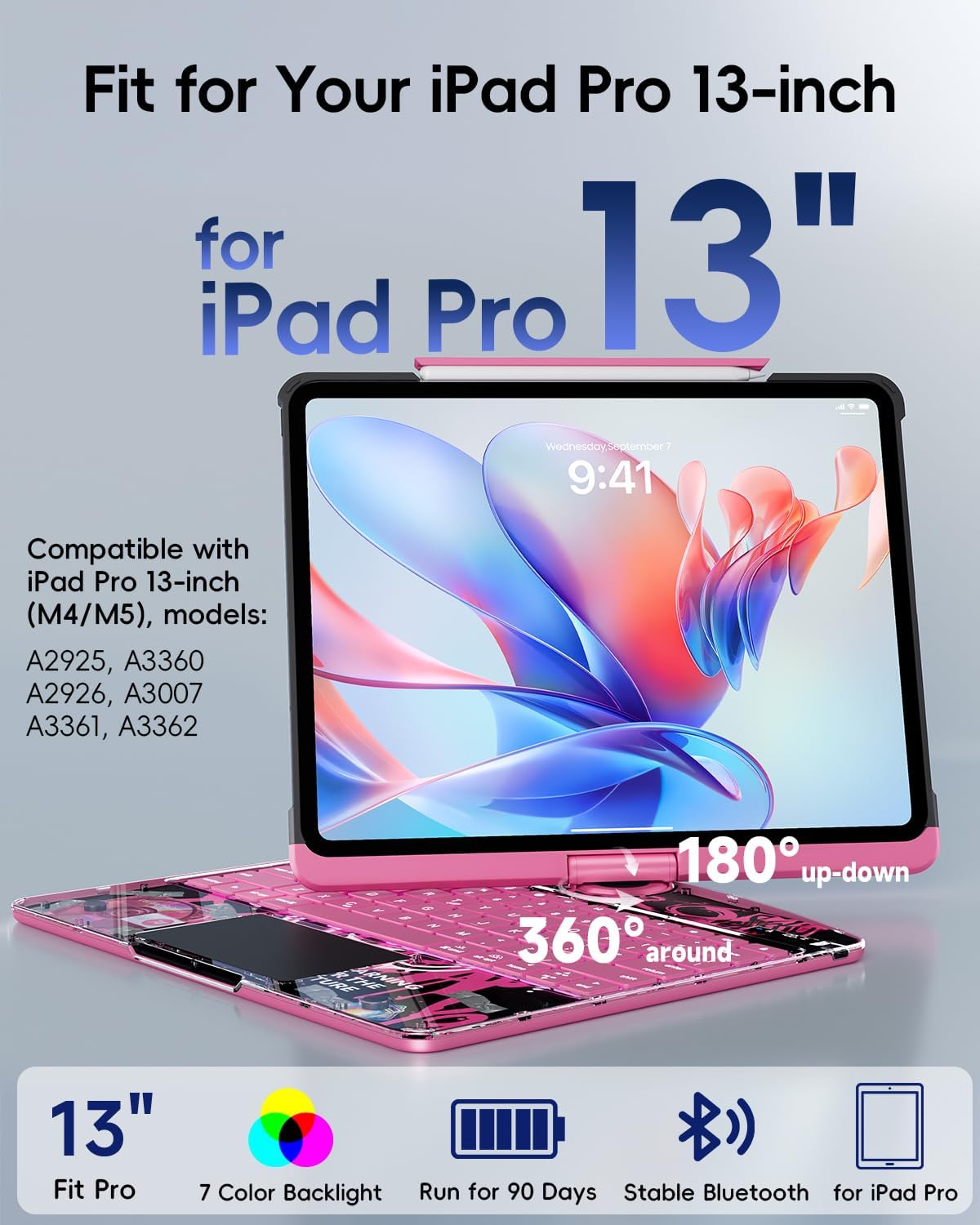 for iPad Pro 13 Inch Case with Keyboard, 360°+180° Swivel Clear Case, iPad Pro 13 Keyboard (M5 2025/M4 2024) with LCD Power Display, Pencil Holder, 7-Color Backlit, Multi-Touch Trackpad, Pink image 2