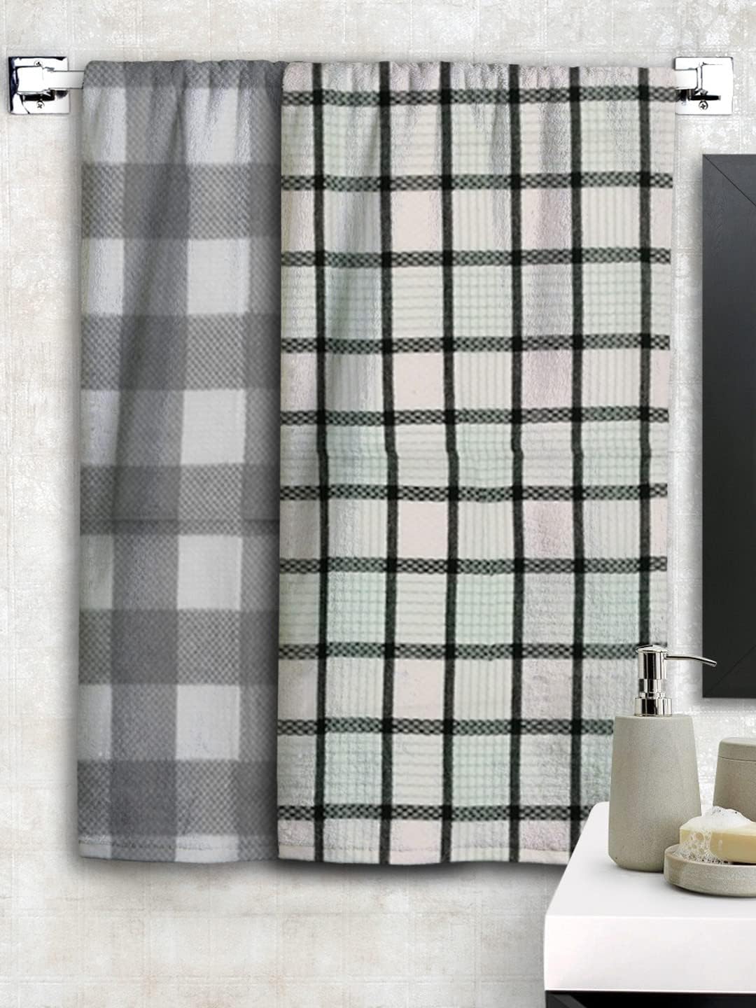 Athom Living Eco Saviour Premium Cotton Bath Towel Waffle Grey & Green (Pack of 2)