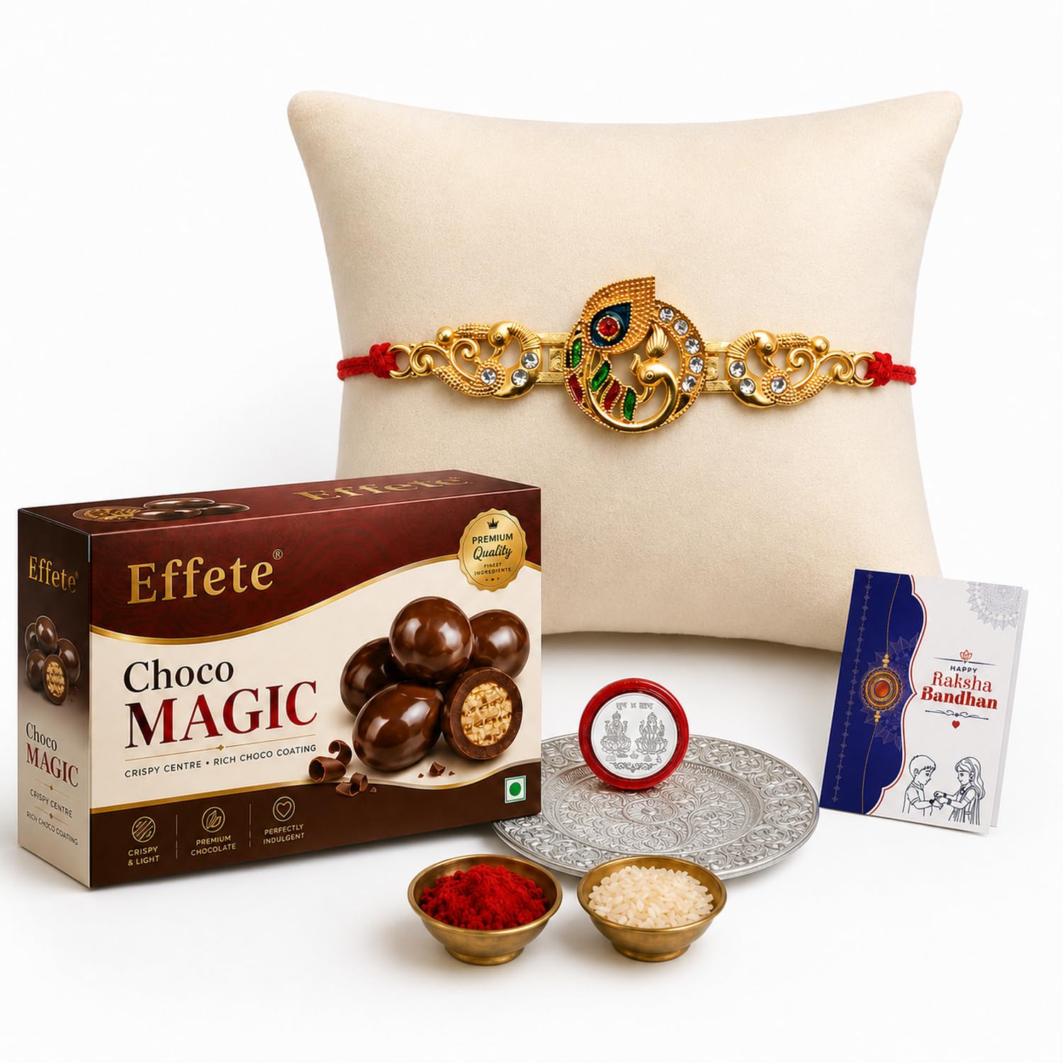 Vacalvers Designer Peacock Rakhi Set for Brother with Silver Pooja Thali, Choco Magic Chocolate 32gm, Pooja Coin, Roli Chawal & Card | Rakhi with Chocolate Combo for Raksha Bandhan
