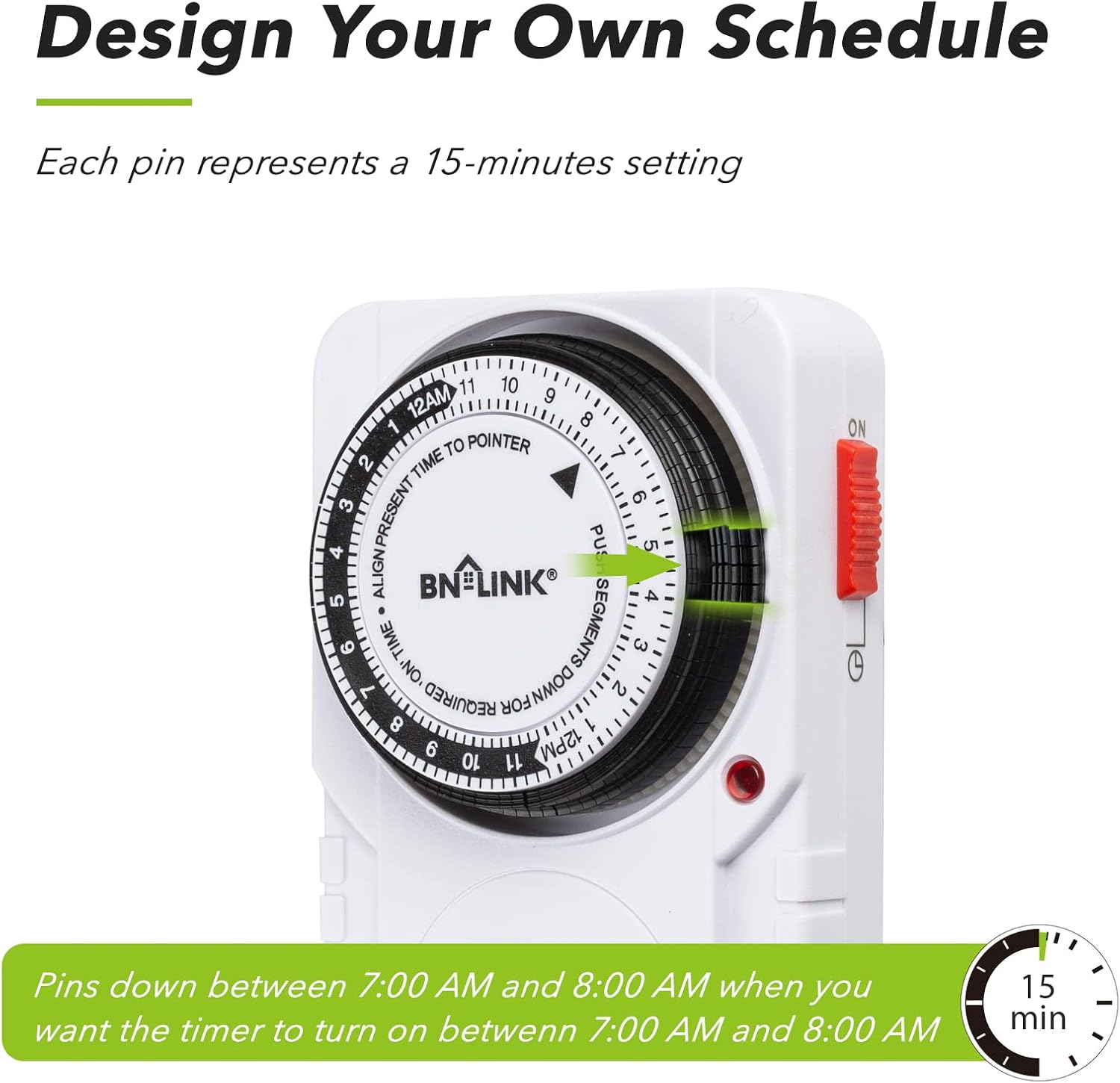 BN-LINK 24 Hour Plug-in Mechanical Timer Grounded for Aquarium, Grow Light, Hydroponics, Indoor Lighting, Home Appliances, ETL Listed 125VAC, 60 Hz, 1875W, 15A, 1/2HP (1 Pack)