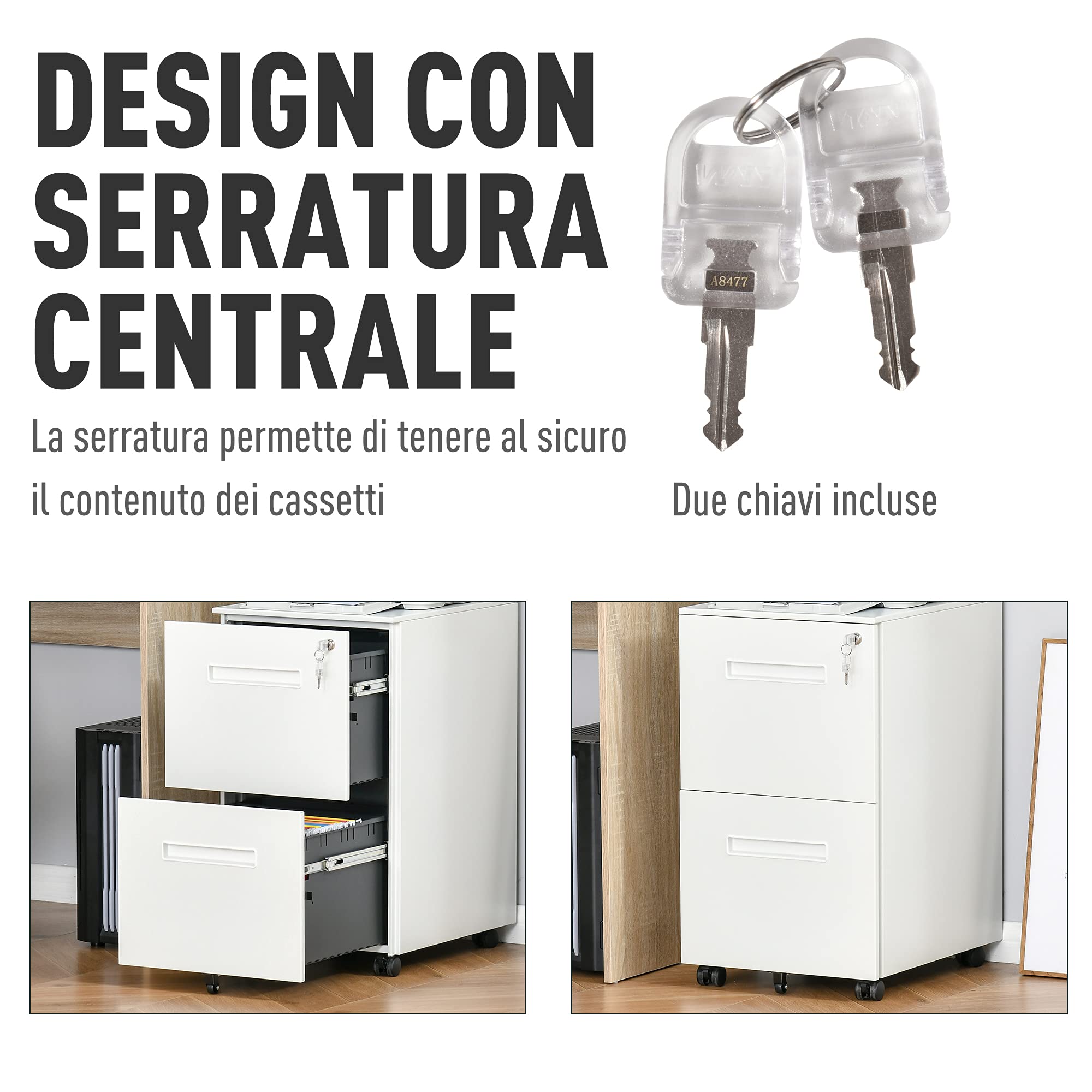 Vinsetto Cassettiera Ufficio con Ruote e 2 Cassetti 39x48x67cm Bianco | Schedario Portadocumenti, Serratura e 2 Chiavi, in Acciaio