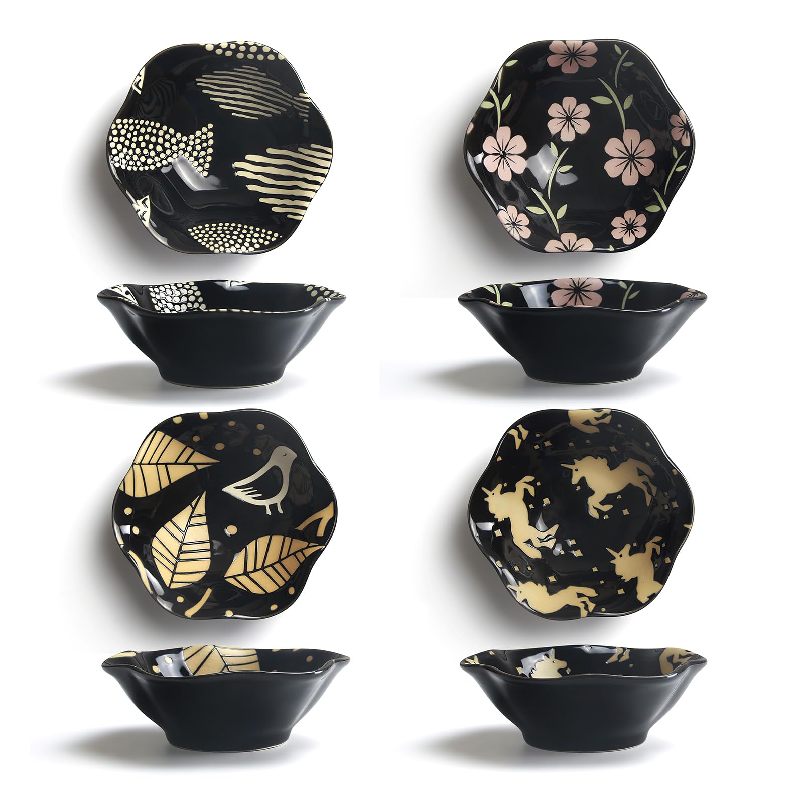 YFWOODCeramic dip Bowls x 4, Sauce Bowls Porcelain dip Bowls Set, 10.5 cm Bowls Soy Sauce Bowls, Sushi Bowls, Finger Food Condiment Bowls jam Bowls, 100ml(Black)