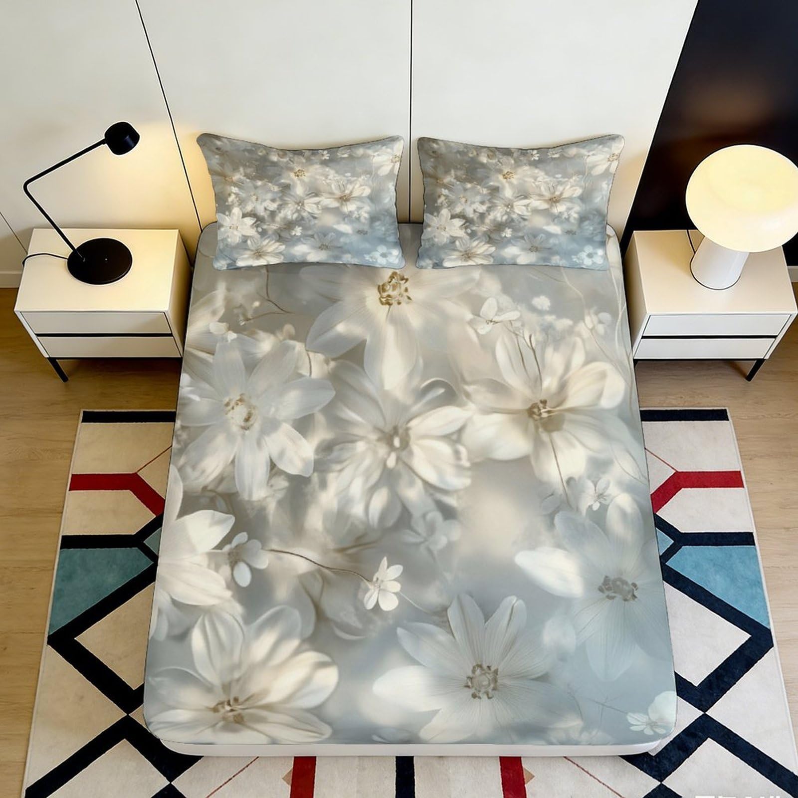 Qjzxknhpgr Style-6 3D Printed Floral Dream Fitted Sheet Microfiber Soft Grey Blossom Bed Sheet For Bedroom Guest Room Decor Protection 90X200x25cm