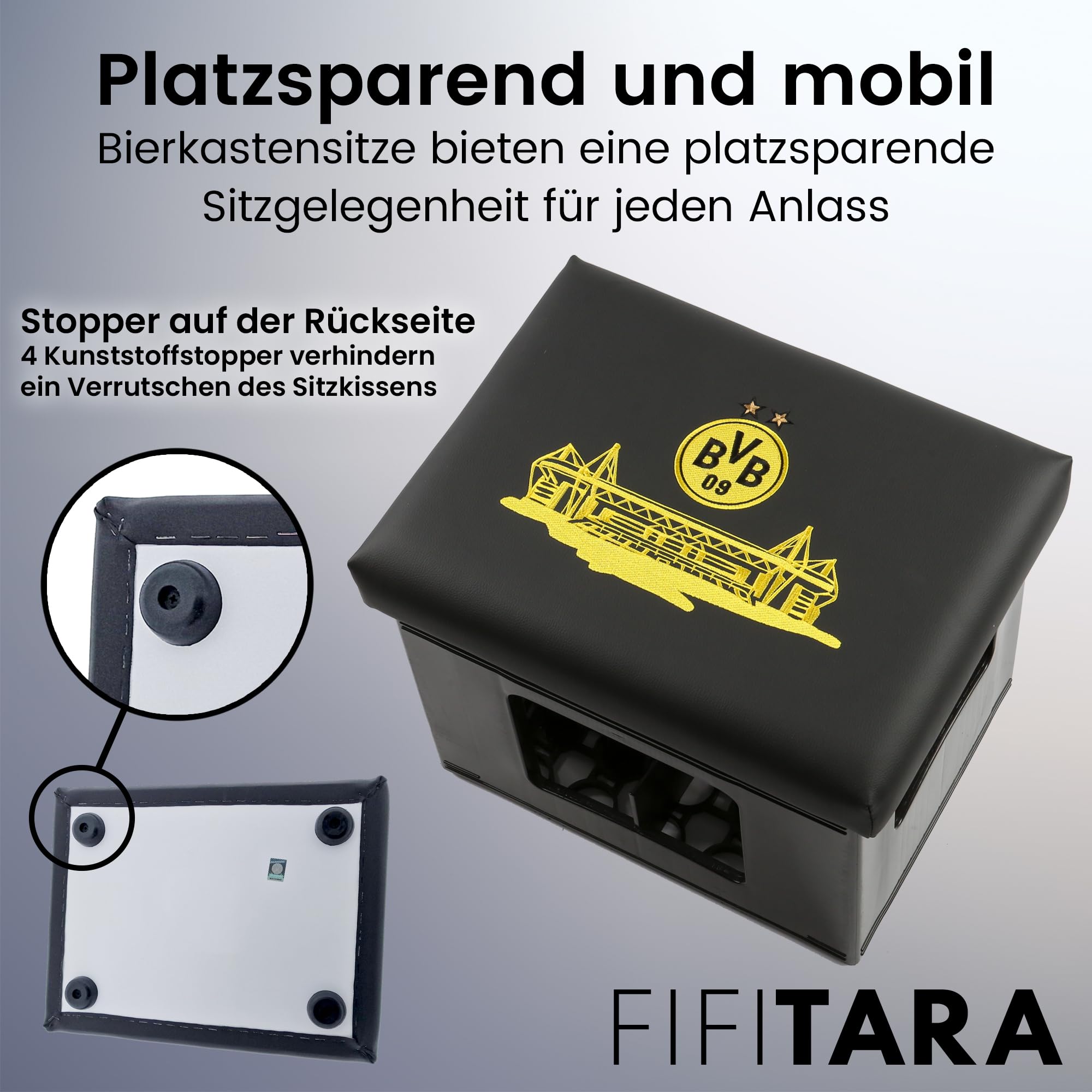 BVB Bierkastensitz aus Kunstleder 42x32x6,5 cm [höchster Sitzkomfort] Bierkasten Sitzauflage als BVB Fanartikel für Garten, Partykeller oder unterwegs, Borussia Dortmund Geschenke für Männer