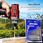 JEFE HEX 13-Piece Ensemble de Bits de forage 1/16" 5/64" 3/32" 7/64 " 1/8" 9/64." 5/32" 11/64..." 3/16" 13/64", Hex Set de bit de forage de Shank pour un changement rapide, Titanium HSS Des bitumes de forage, 135 Degree Easy Cut Split Point, idéal pour le bois, l'acier, le cuivre,
