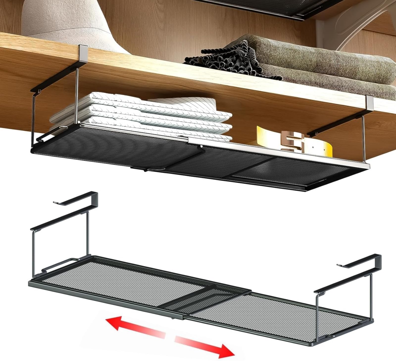 2 Pack Under Shelf Storage Basket Organizer, （38~70cm)*20cm Expandable Hanging Kitchen Baskets for Cabinet Pantry Cupboard Desk Counter Bookshelf Organization Add-on Space Saver