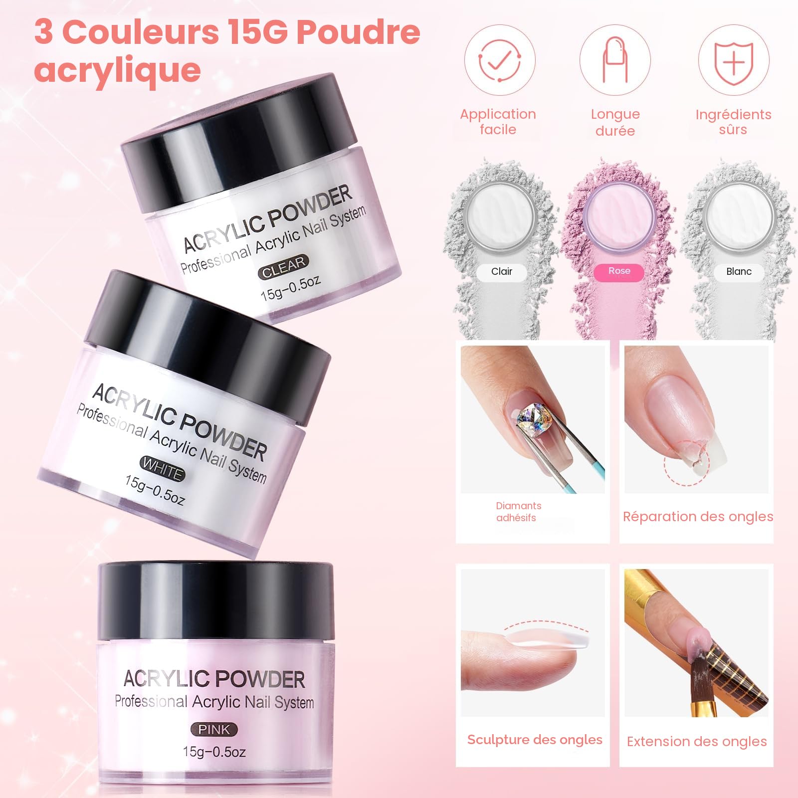 Deciniee Acrylique Kit Ongles Pour Débutants–Faux Ongles/Poudre Acrylique/Lampe UV/Main D'Entrainement Manucure-Idéal Pour DIY Nail Art-Kit Avec Outils Complet Dans Un Sac De Stockage Rose