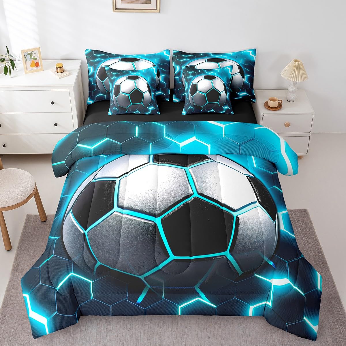 Erosebridal Soccer Football Comforter Set - Twin Size Sports Theme Bedding For Boys' Room (Blue Geometric Hexagon)