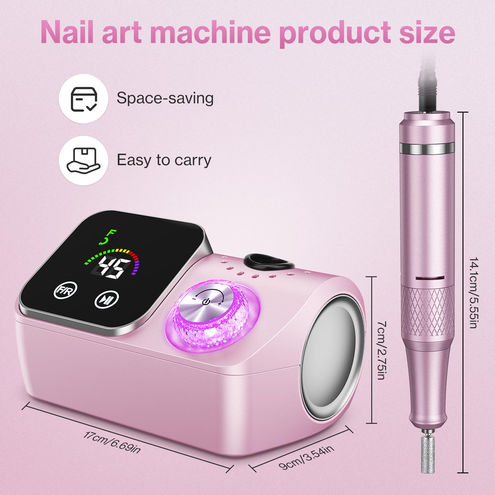 Torno para Uñas,Torno para Uñas Profesional 45000 RPM,12 12 Cabezales de Pulido, Pantalla táctil LCD,Perilla de cristal,Lima portátil para uñas acrílicas y de gel (Rosa claro)