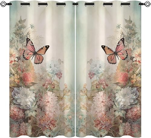 Cortinas opacas de mariposa para decoración del hogar de niñas y niños, hermosas flores en acuarela, con ojales, aislamiento térmico, cortinas de