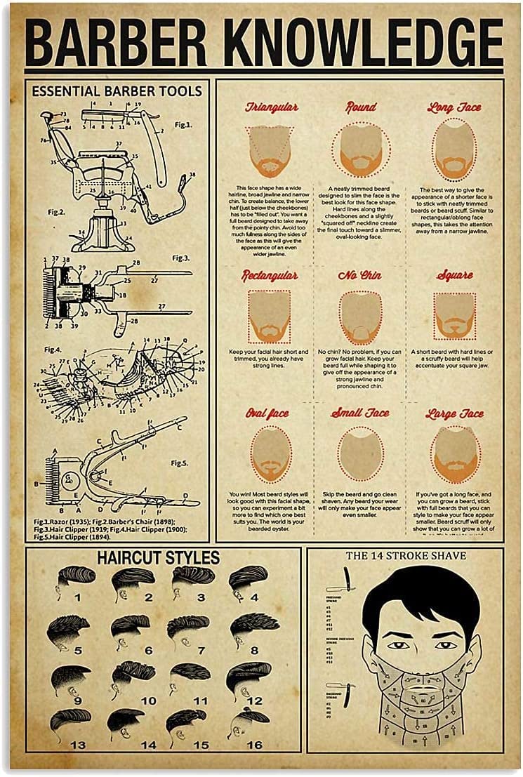 Hlbsdm Barber Knowledge Vintage Metal Tin Sign Barber Guide Posters Barber Shop Wall Decor Home Decor Bedroom Decor Plaque 8X12 Inches