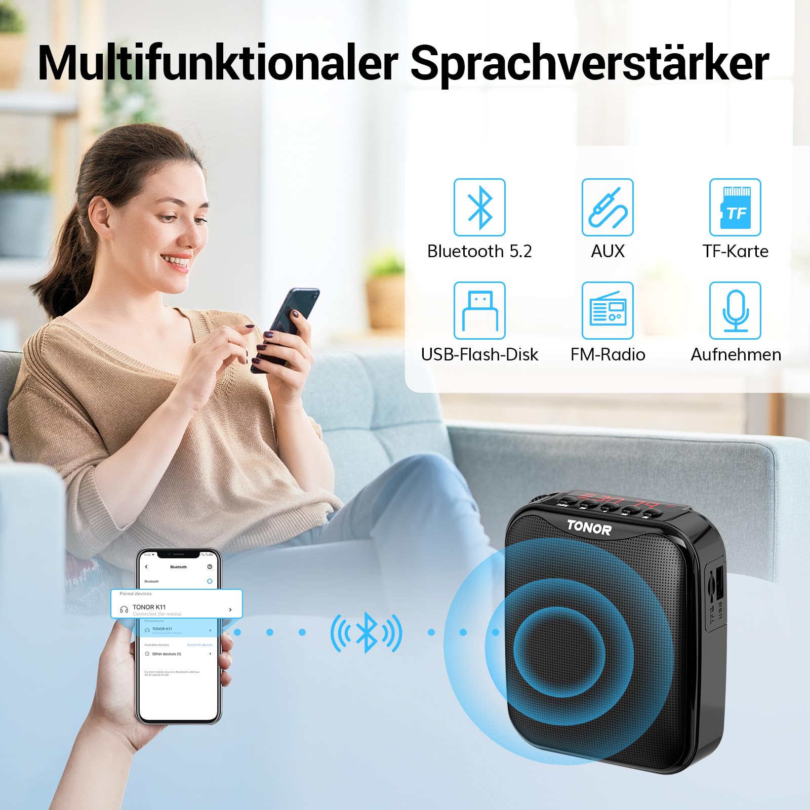 TONOR Sprachverstärker Tragbar, Wiederaufladbarer Mini Stimmverstärker mit Bluetooth Lautsprecher, Wireless Mikrofon-Headset, 25 m PA-System für Trainer, Reiseführer, Tagungen, Fitness, K11