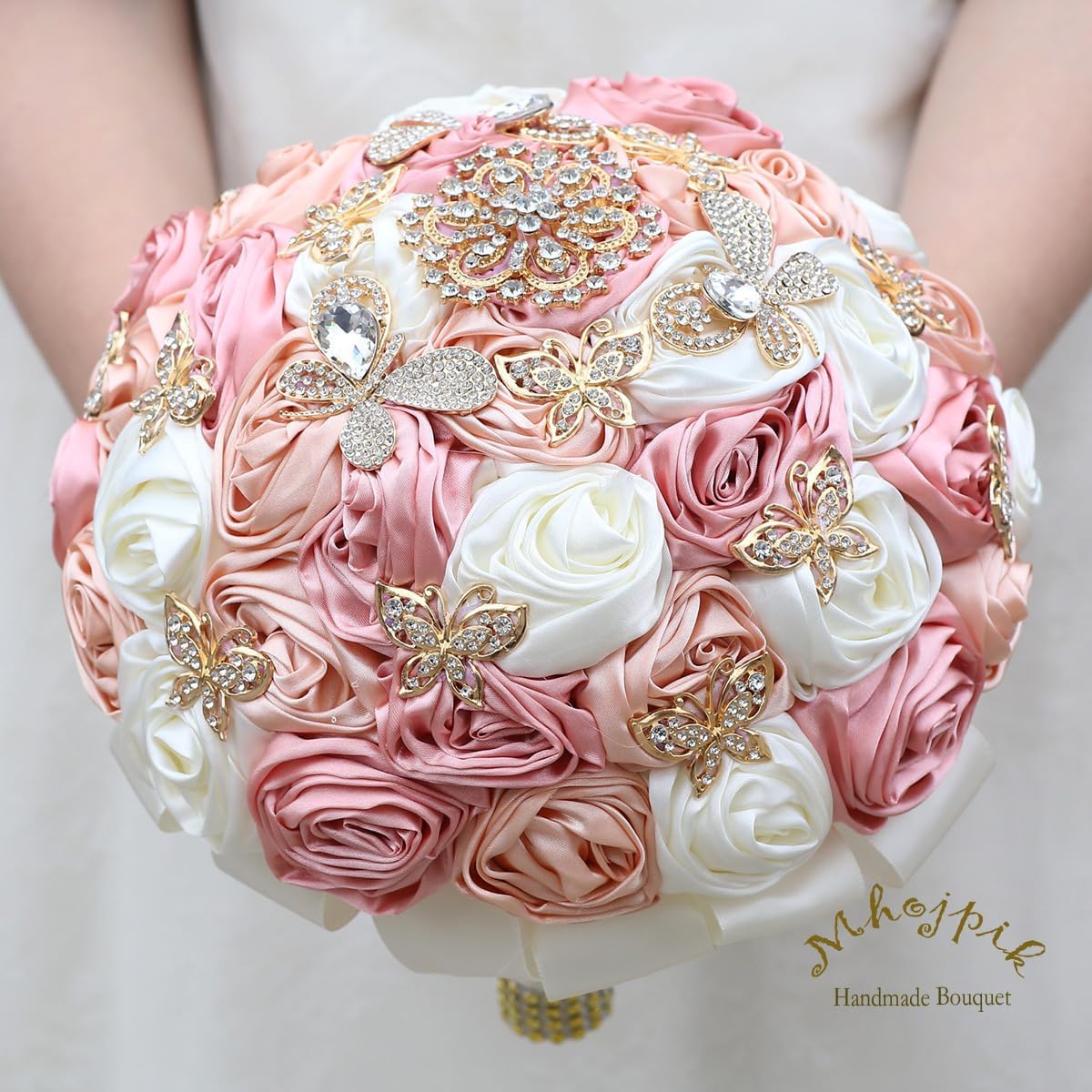 Handmade Wedding Flowers Bouquet Round Holding Bridal Bouquet Toss Artificial Rose Bunch for Bride Bridesmaid Wedding Quinceanera (Blush, Peach Pink & Ivory, 7.5")