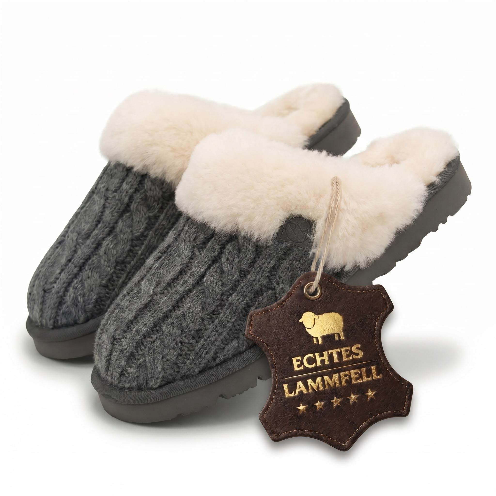 Rohn Moden Lammfell Hausschuhe Damen – Nuri – Warme Hausschuhe Damen mit Schaffell & rutschfester EVA-Sohle – Winter Pantoffeln für zuhause – Slipper gefüttert - Grau