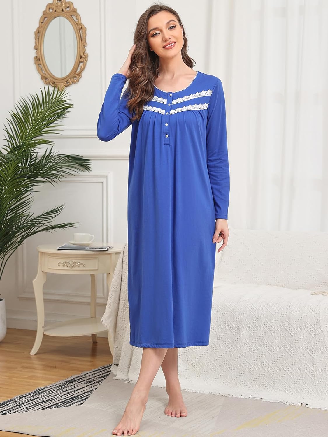 FMIRREO Long Cotton Nightgown Women's Long Sleeve Sleepwear Pleated Floral House Dress Soft Comfy Night Dress for Ladies