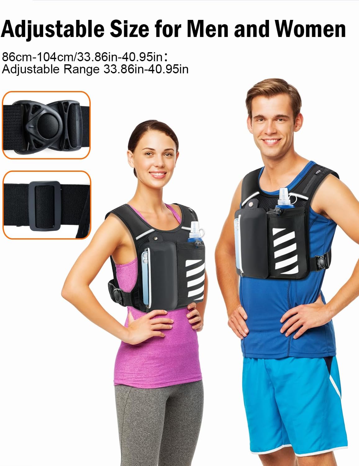 Reflective Running Vest with Water Bottle Phone Holder for Women/Men, Hydration Gear Back Pack/Backpack, Light Weight Chest Bag Run Essential Accessory for Marathon Runner Walking Trail Rucking, Black - Image 5