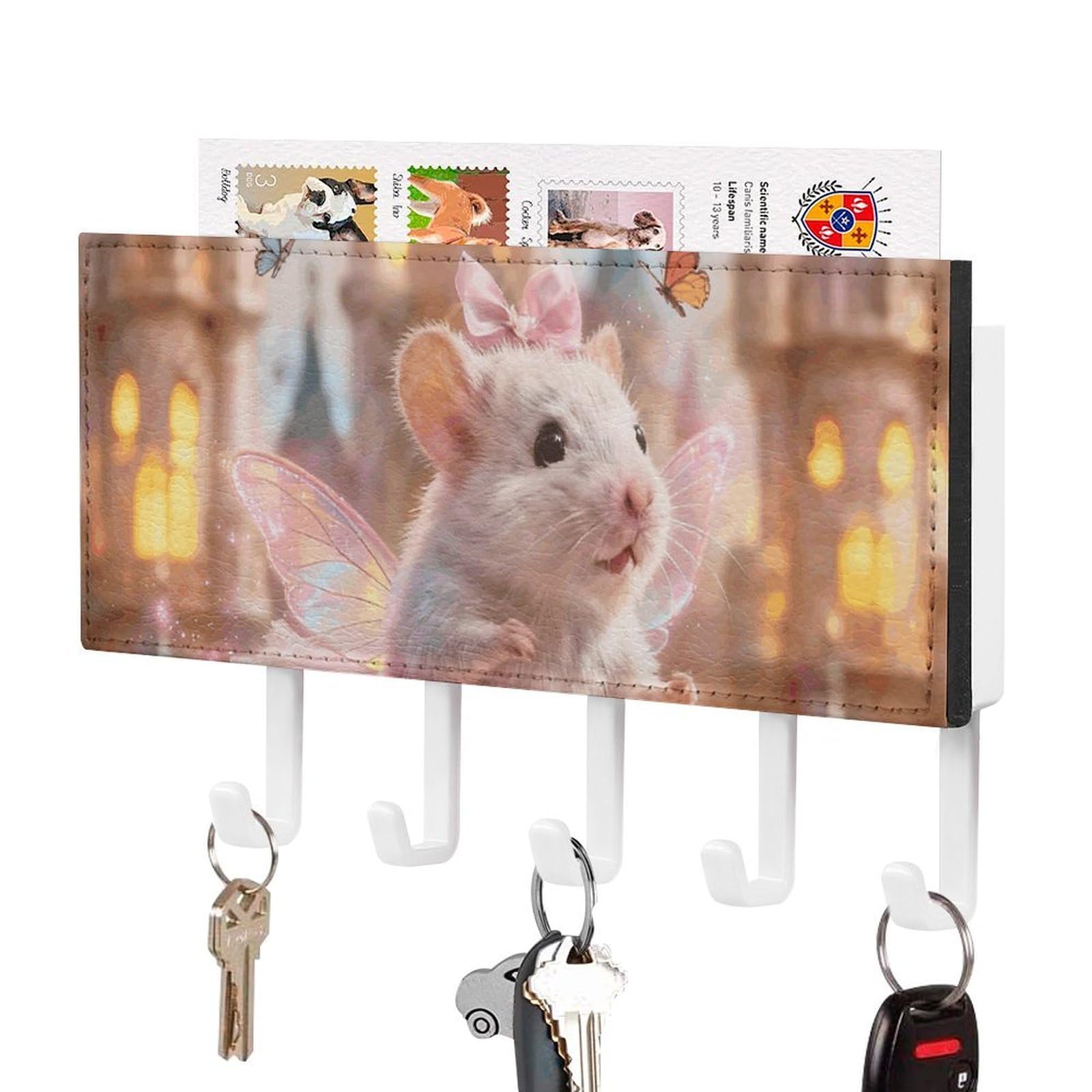 DWVTSLH Pink Hamster Key Holder for Wall, Decorative Key Hooks with Mail Organizer & 5 Hooks, Self Adhesive Leather Key Hanger for Entryway, Wall Mounted Key Rack (7.1” X 4.3” X 0.9”)