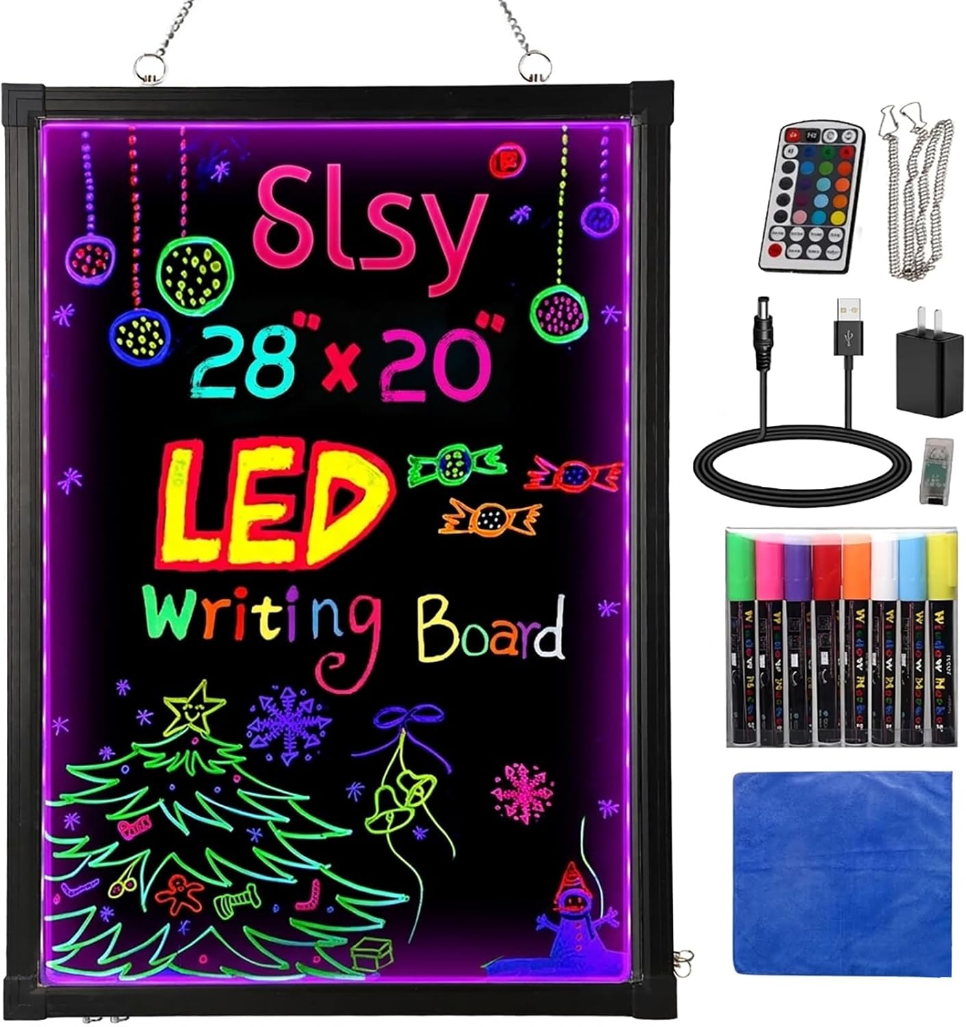 Slsy LED Writing Board 28"x20", Light Up Message Board Illuminated Neon Sign with 12 LED Colors, 26 Flashing Modes, 8 Fluorescent Markers, Erasable Sign for Restaurants Bars Cafes Weddings Classrooms